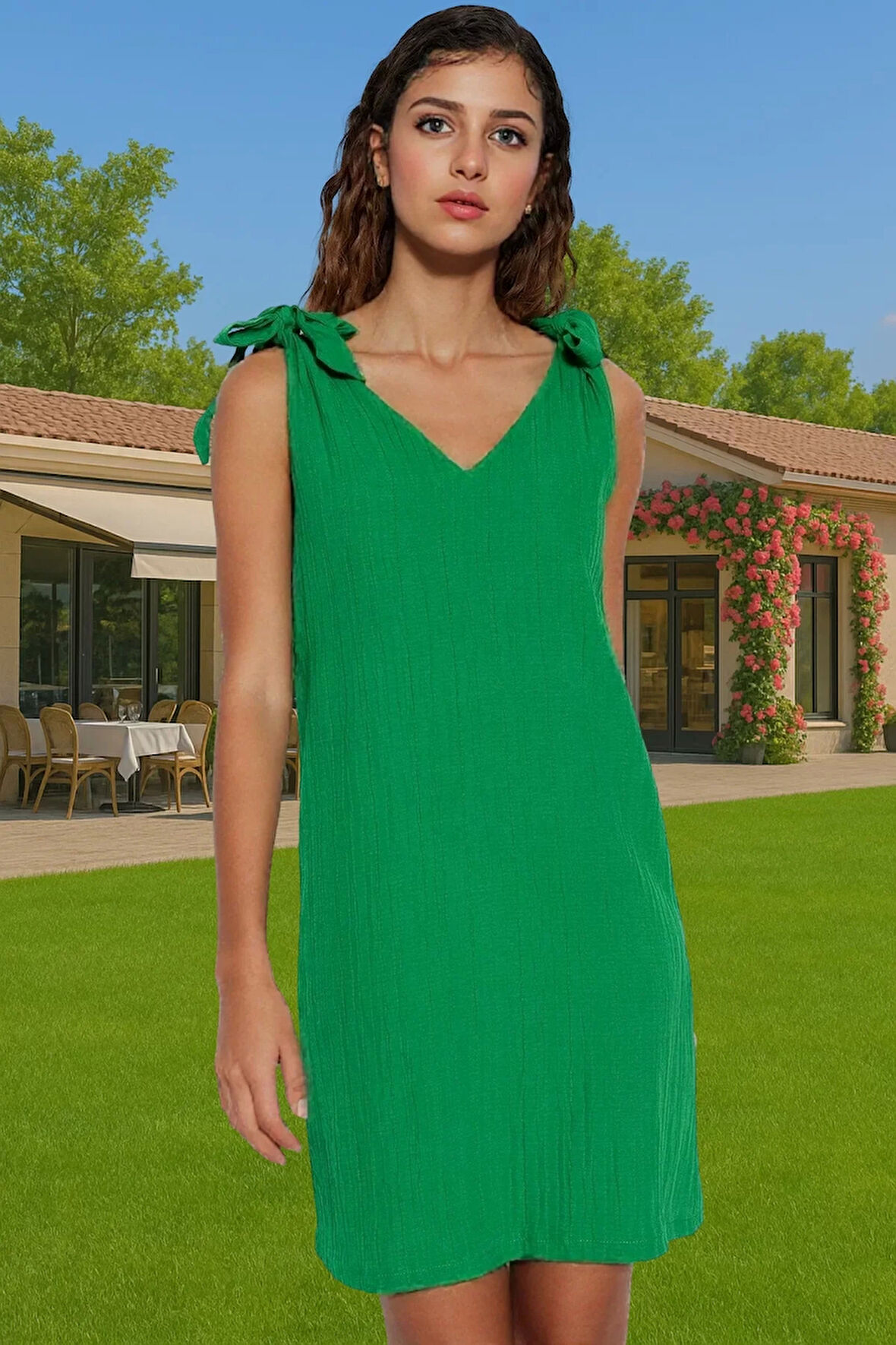 Yazlık Mini Dokuma Bağlamalı Elbise Rahat Kalıp Polyester Plaj Premium Kalite Mükemmel Uyum