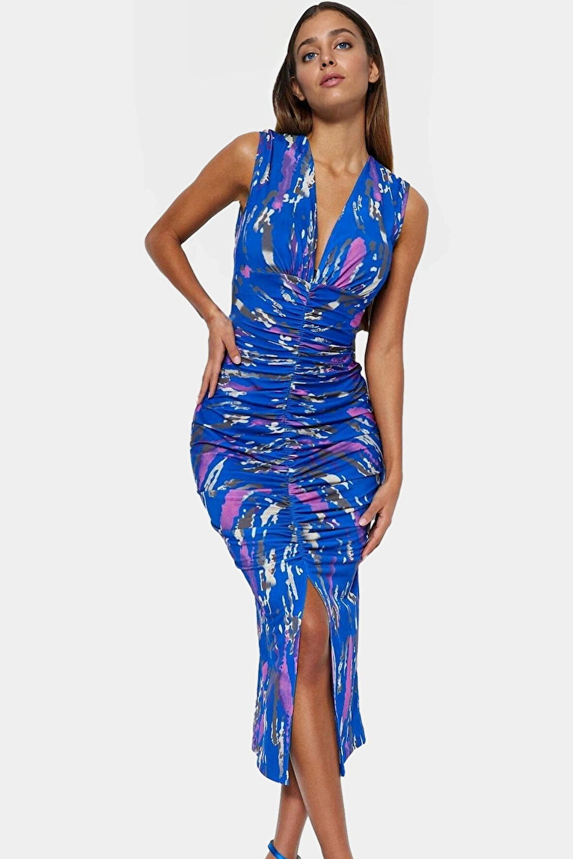 Şık Bodycon V Yaka Örme Midi Elbise Polyester Elastan Kumaştan Gündüz Ve Gece Rahat Kullanım