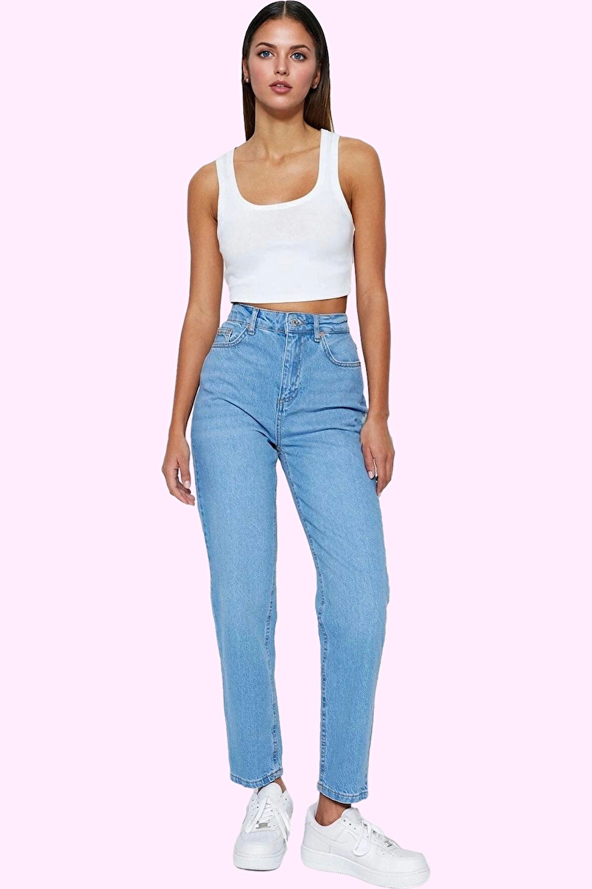 Kadın Yüksek Bel Geniş Paça Mom Jean Uzun Boy Pamuklu Günlük Kullanım Yaz Aylarının Vazgeçilmezi