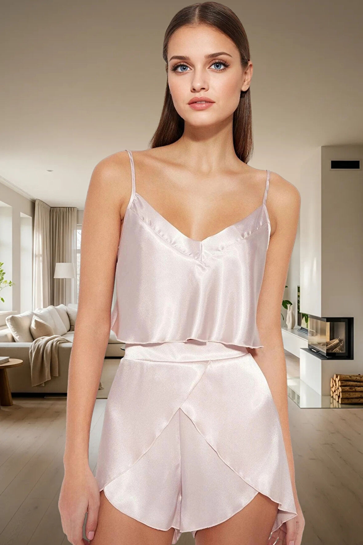Kadın Saten Pijama Takımı İnce Askılı V Yaka Regular Kalıp Rahat Kullanım Ve Şık