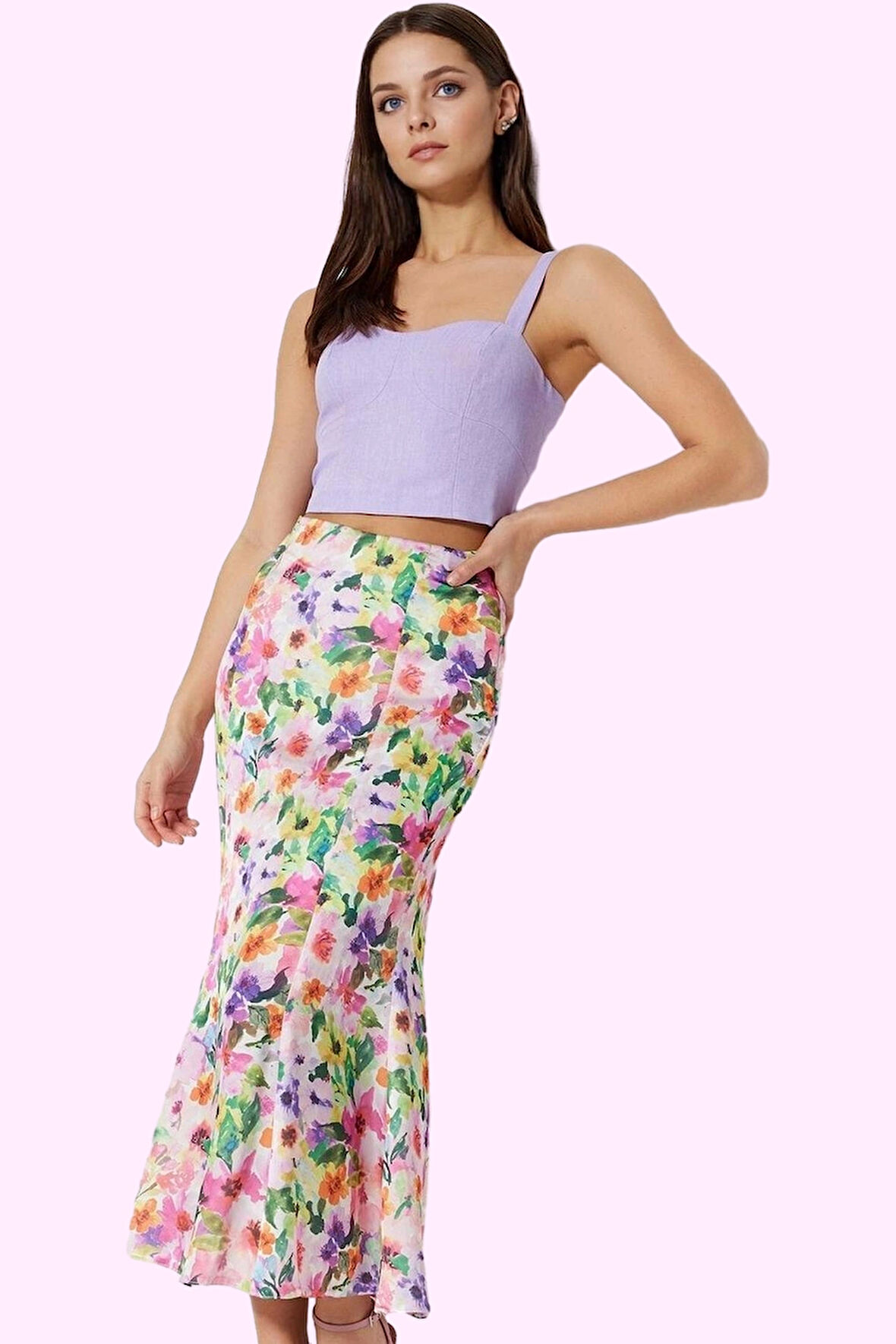 Kadın Maxi Boy Balık Etek Çok Çiçek Desenli Astarlı Yazlık Günlük Kullanım Kaliteli Malzeme