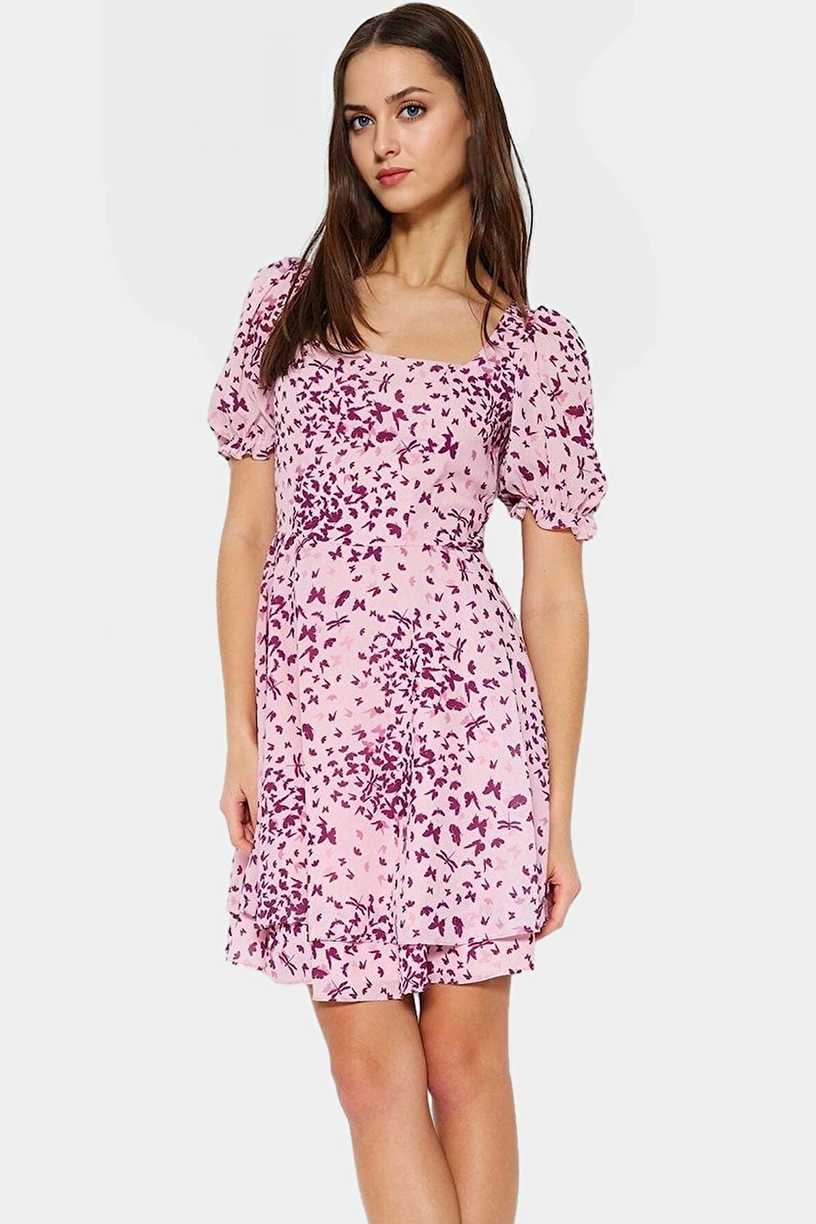 Şifon Mini Elbise Balon Kol Kare Yaka Yazlık Dokuma Uzun Ömürlü Zarifane Tasarım Şık Görünüm