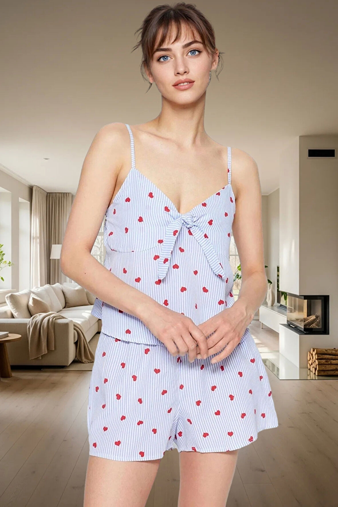 Kadın Rahat Viskon Pijama Takımı İnce Askılı V Yaka Şortlu Çizgili Günlük Kullanım İçin Yüksek Kalite