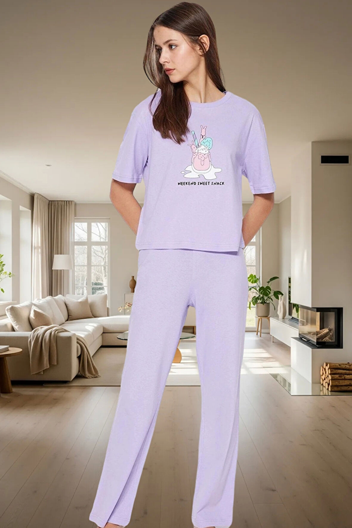 Kadın Pamuklu Rahat Baskılı Pijama Takımı Kısa Kollu Tişört Pantolon Kullanım Ve Şık