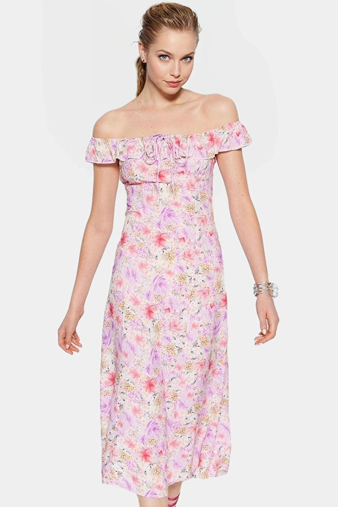 Çiçek Desenli A Kesim Midi Elbise Shally Dokuma Yazlık Rahat Ve Şık Özenle Seçilmiş