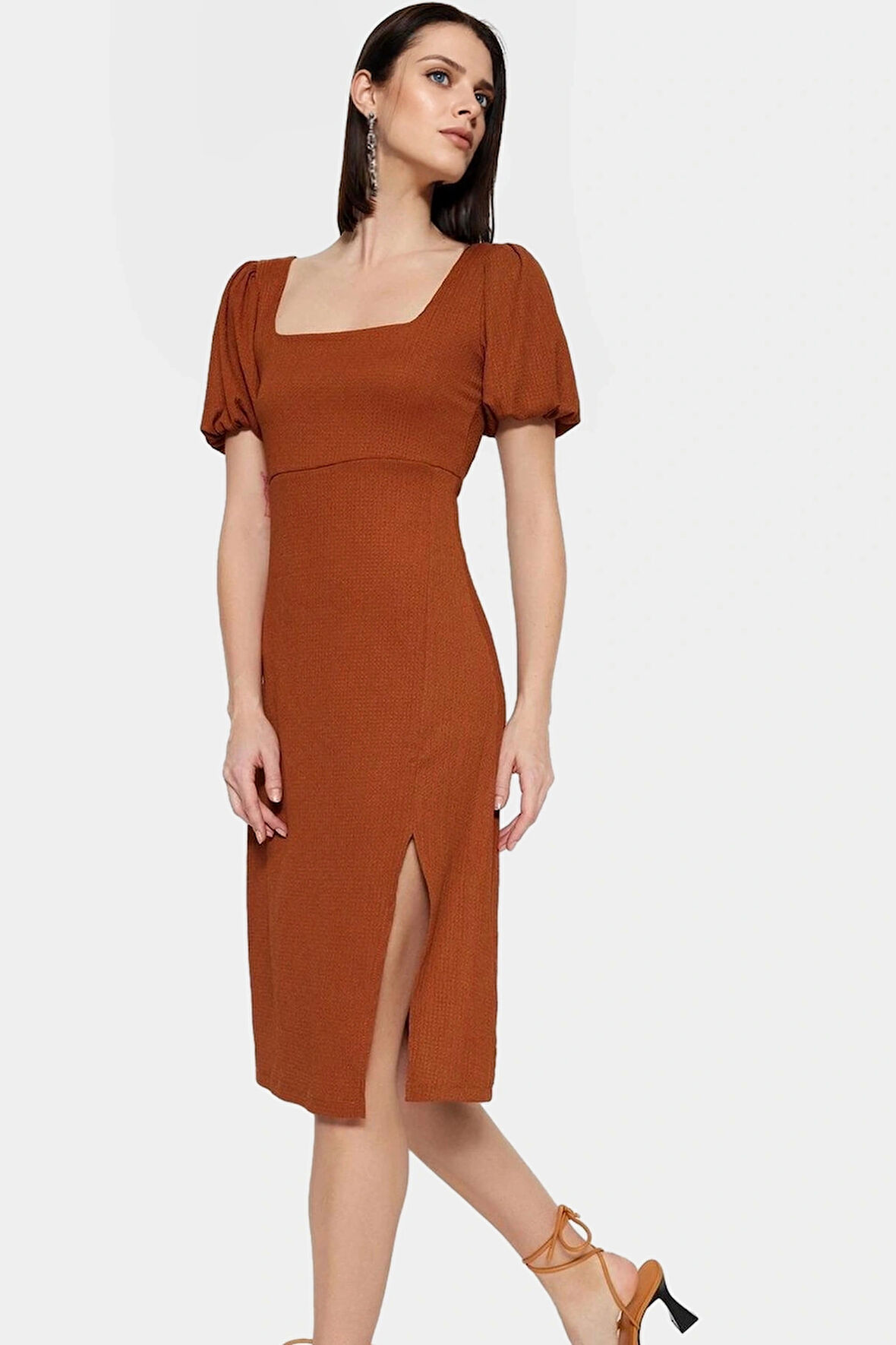 Şık Midi Örme Elbise Balon Kol A Line Günlük Özenle Seçilmiş Seçkin Malzeme Trend Tasarım