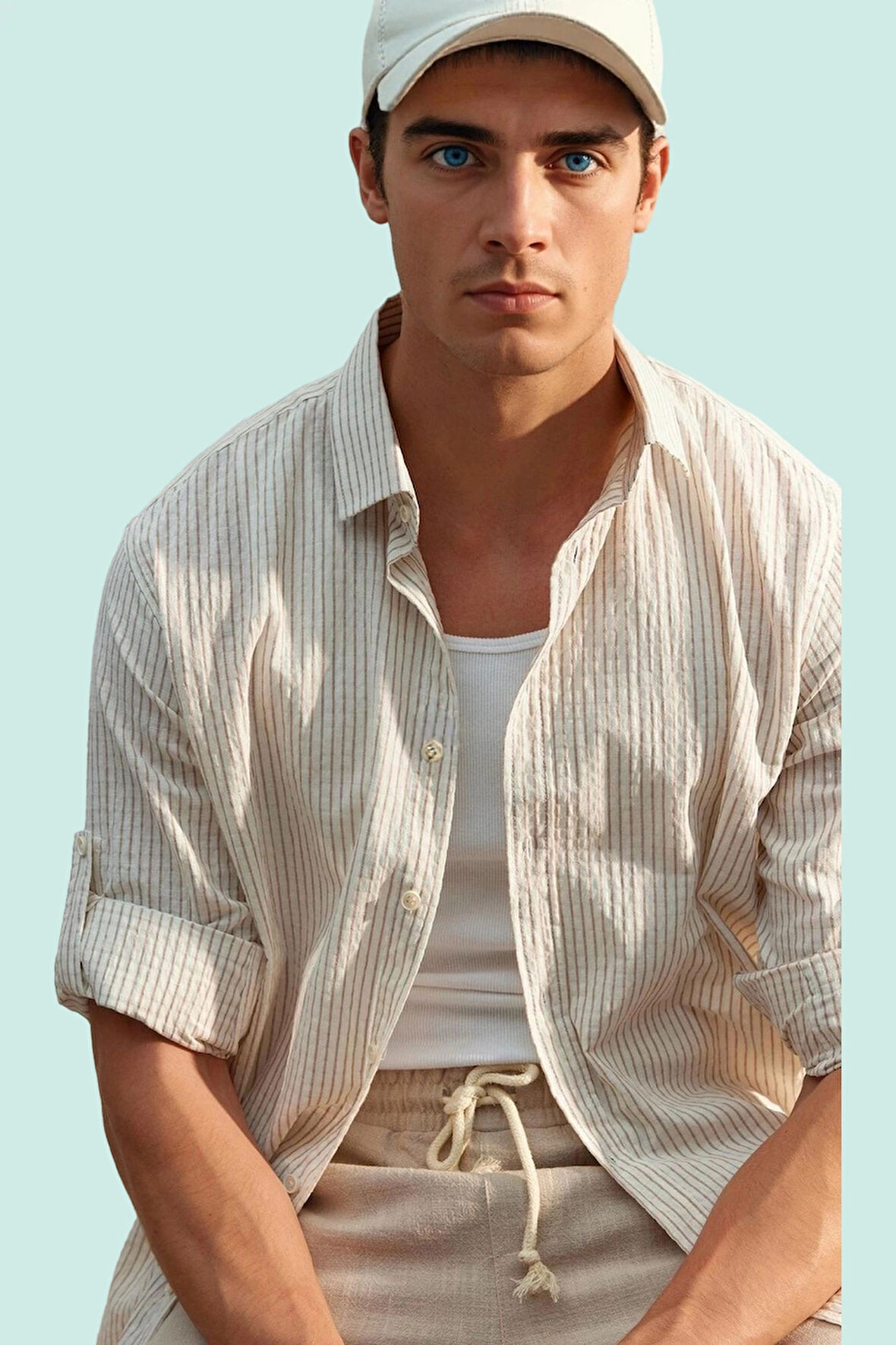 Erkek Keten Karışımlı Çizgili Gömlek Regular Fit Yaka Casual Günlük Yaz Aylarının Vazgeçilmezi