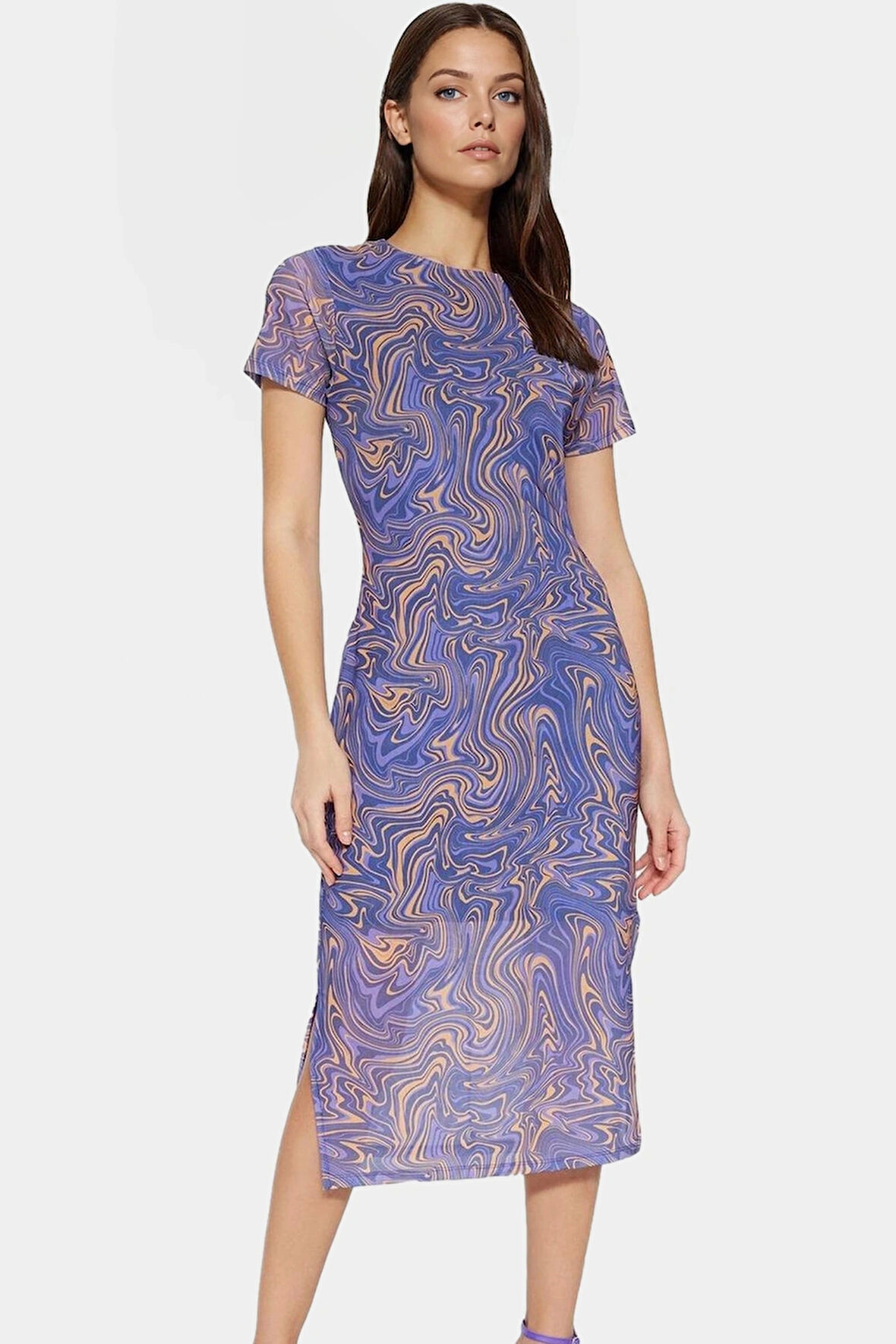 Midi Boy Tül Elbise Soyut Desenli Bisiklet Yaka Bodycon Kalıp Özel Tasarım Yüksek Kalite Modern Stil