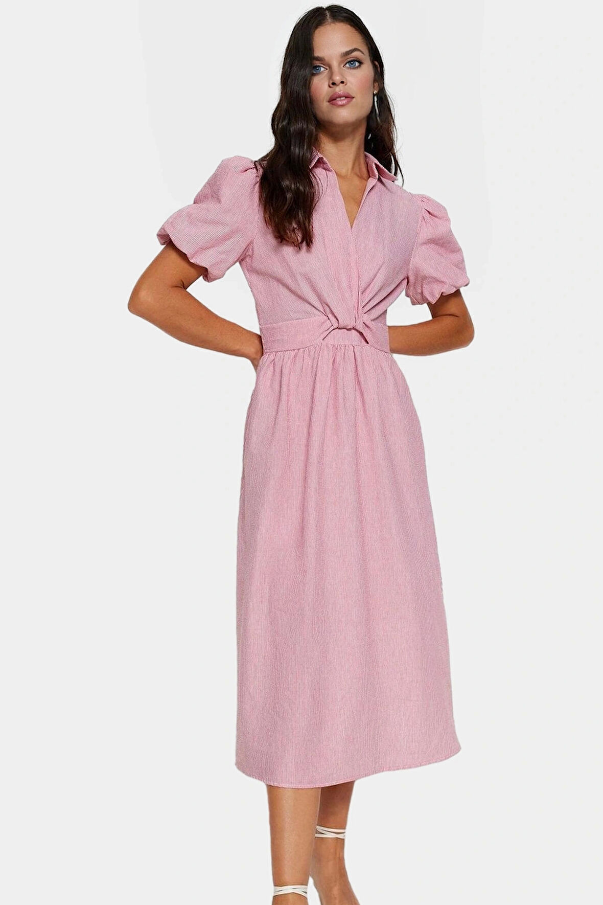 Şık Çizgili Midi Elbise Rahat Dokuma Pamuklu Kumaş Gömlek Yaka Skater Kalıp Konforlu Kesim