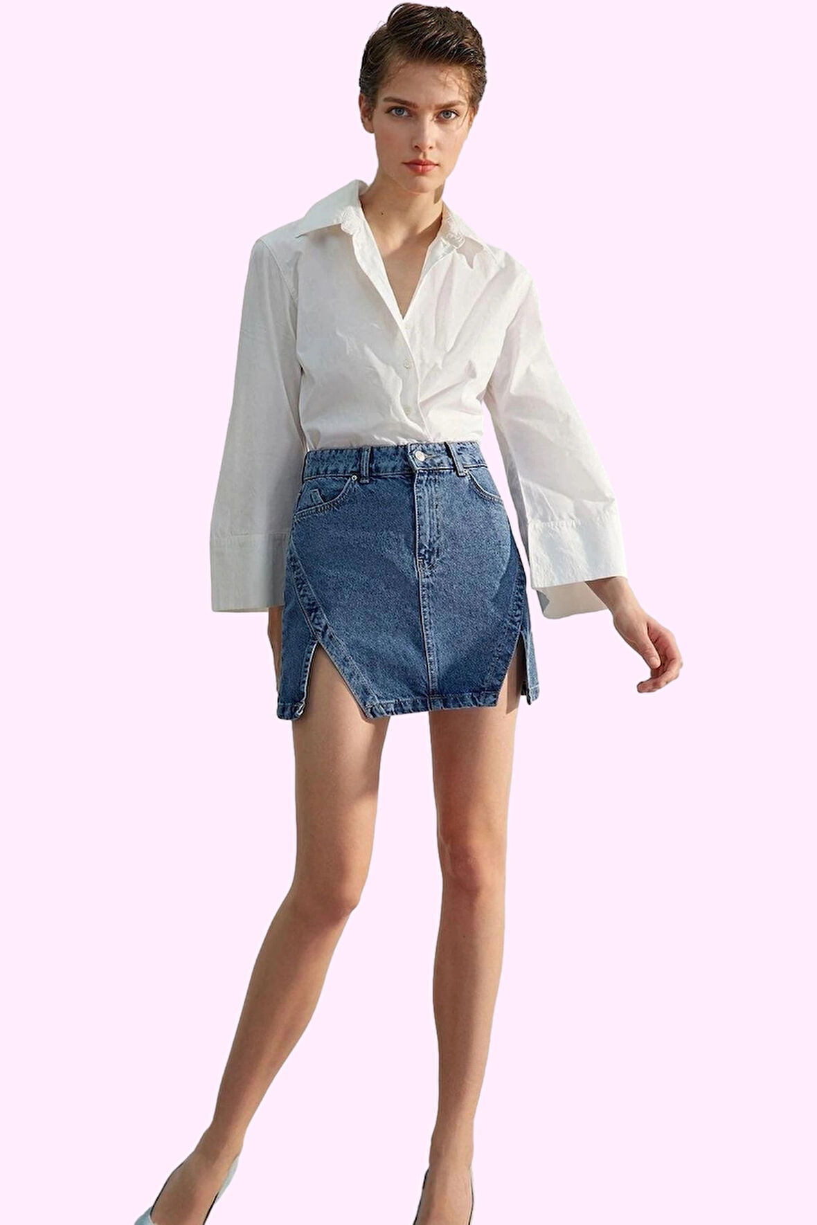 Kadın Denim Mini Etek A line Kalıp Yırtmaçlı Pamuklu Günlük Stil Yaz Aylarının Vazgeçilmezi