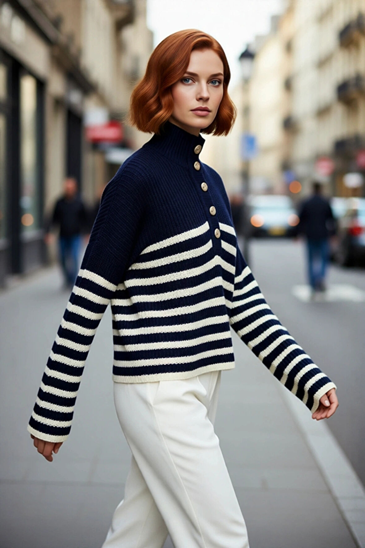 Kadın Oversize Dik Yaka Çizgili Triko Kazak Düşük Kollu Crop Kesim Günlük Şık Kış Stili Kaliteli