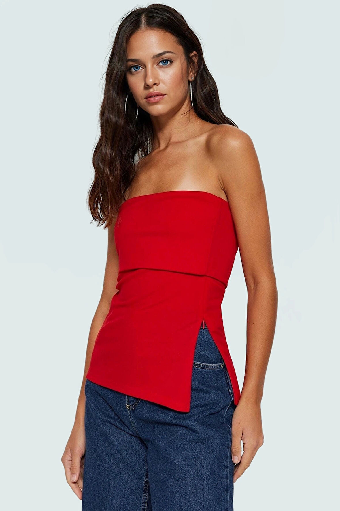 Straplez Yandan Fermuarlı Krep Örme Bluz Modern Stil Trend Tasarım Yüksek Kalite