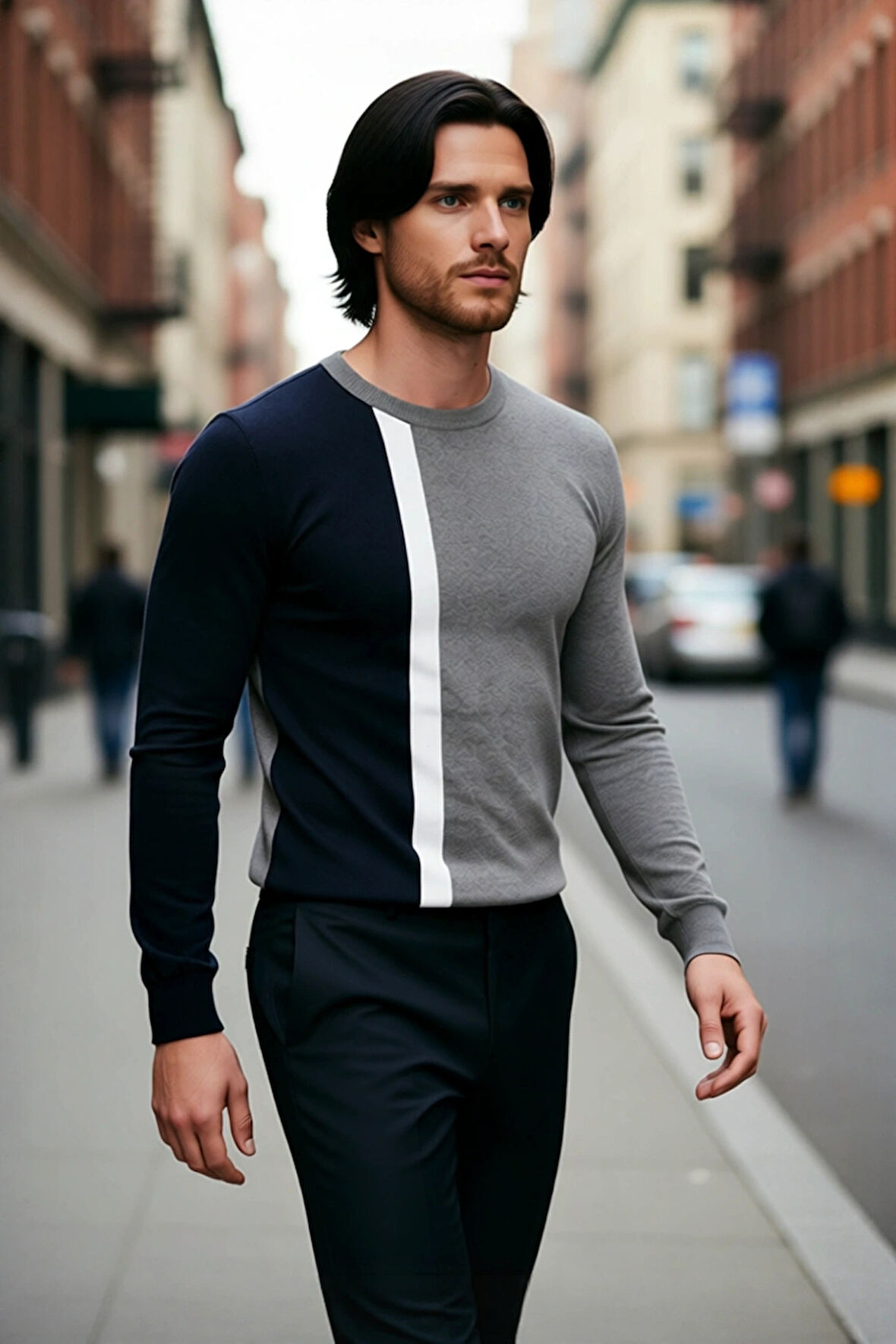 Erkekler İçin Fitted Kalıp Bisiklet Yaka Renk Bloklu Uzun Kollu Basic Dokulu Triko Kazak Kaliteli