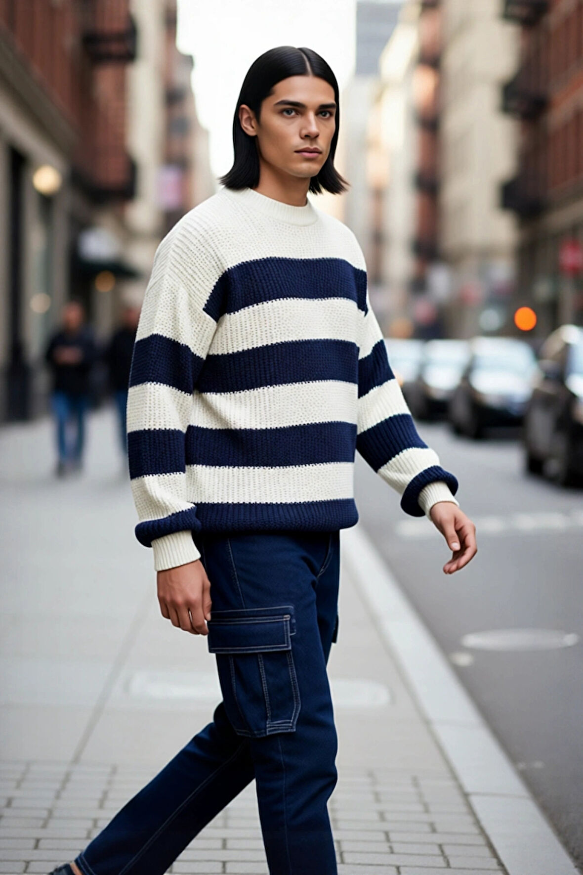 Erkek Oversize Geniş Kalıp Bisiklet Yaka Çizgili Akrilik Triko Kazak Soğuk Kış Günleri İçin İdeal