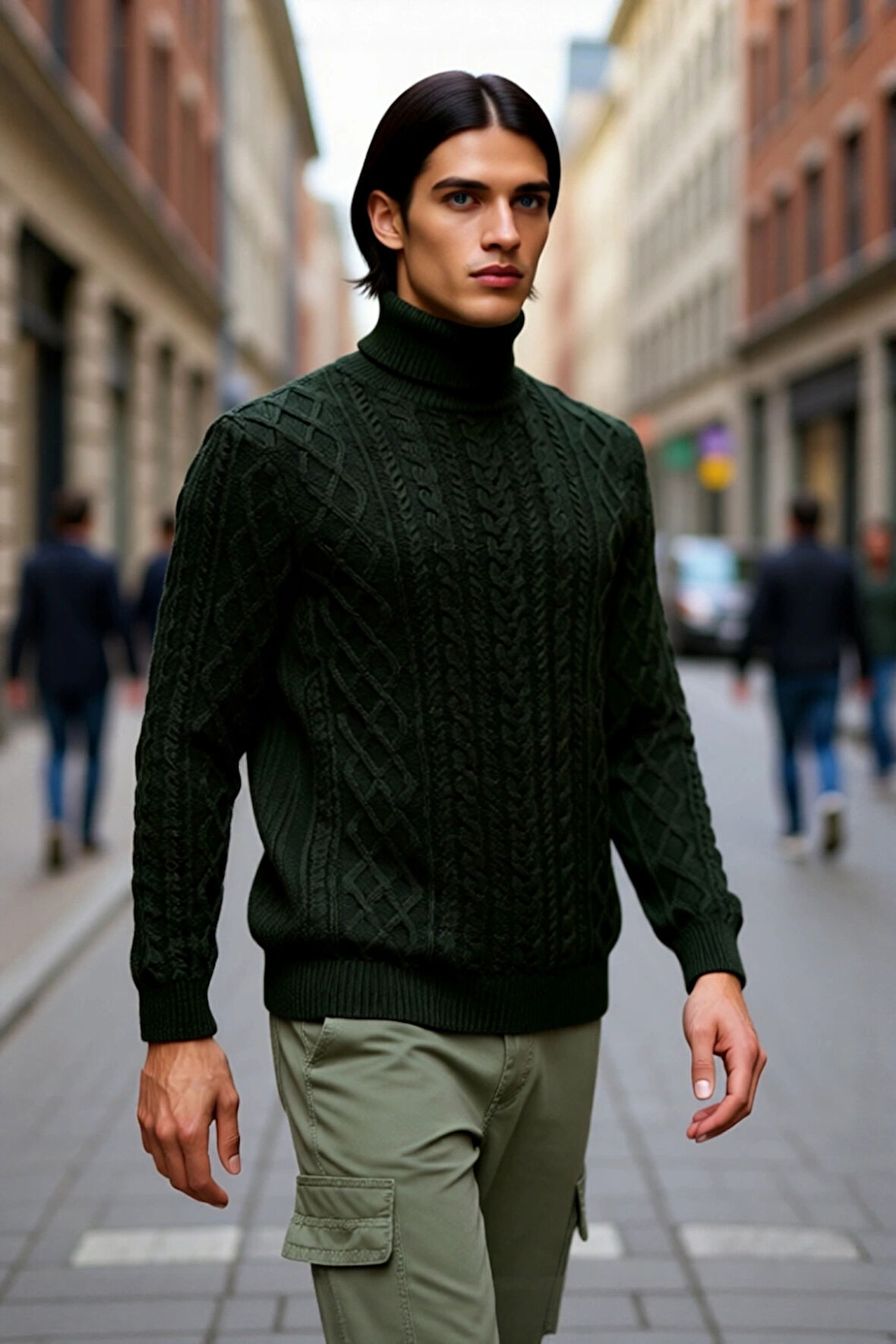 Erkek Fitted Kalıp Triko Balıkçı Yaka Saç Örgü Desenli Kalın Standart Kol Günlük Şık Kazak