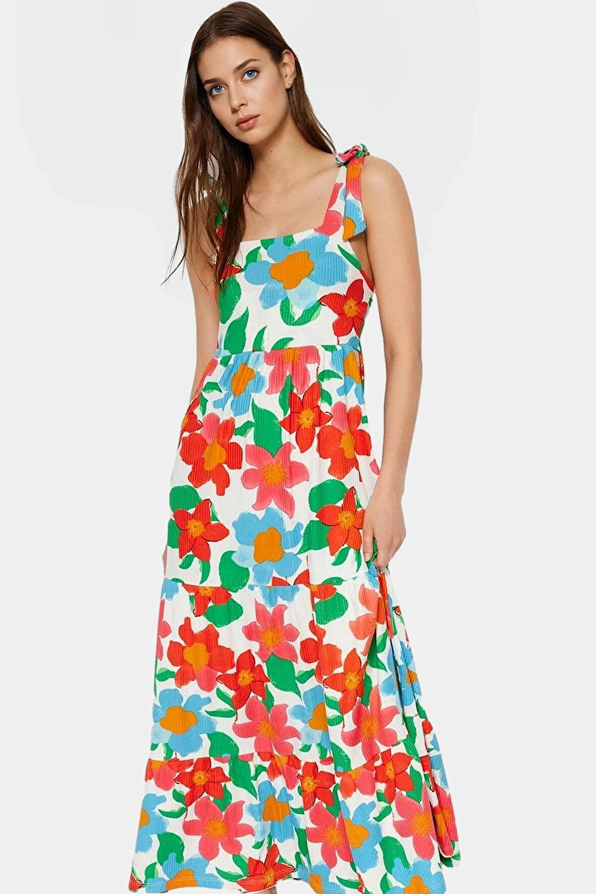 Maxi Elbise Büyük Çiçek Desenli Örme Yazlık Günlük A Line Kalıp Özel Tasarım