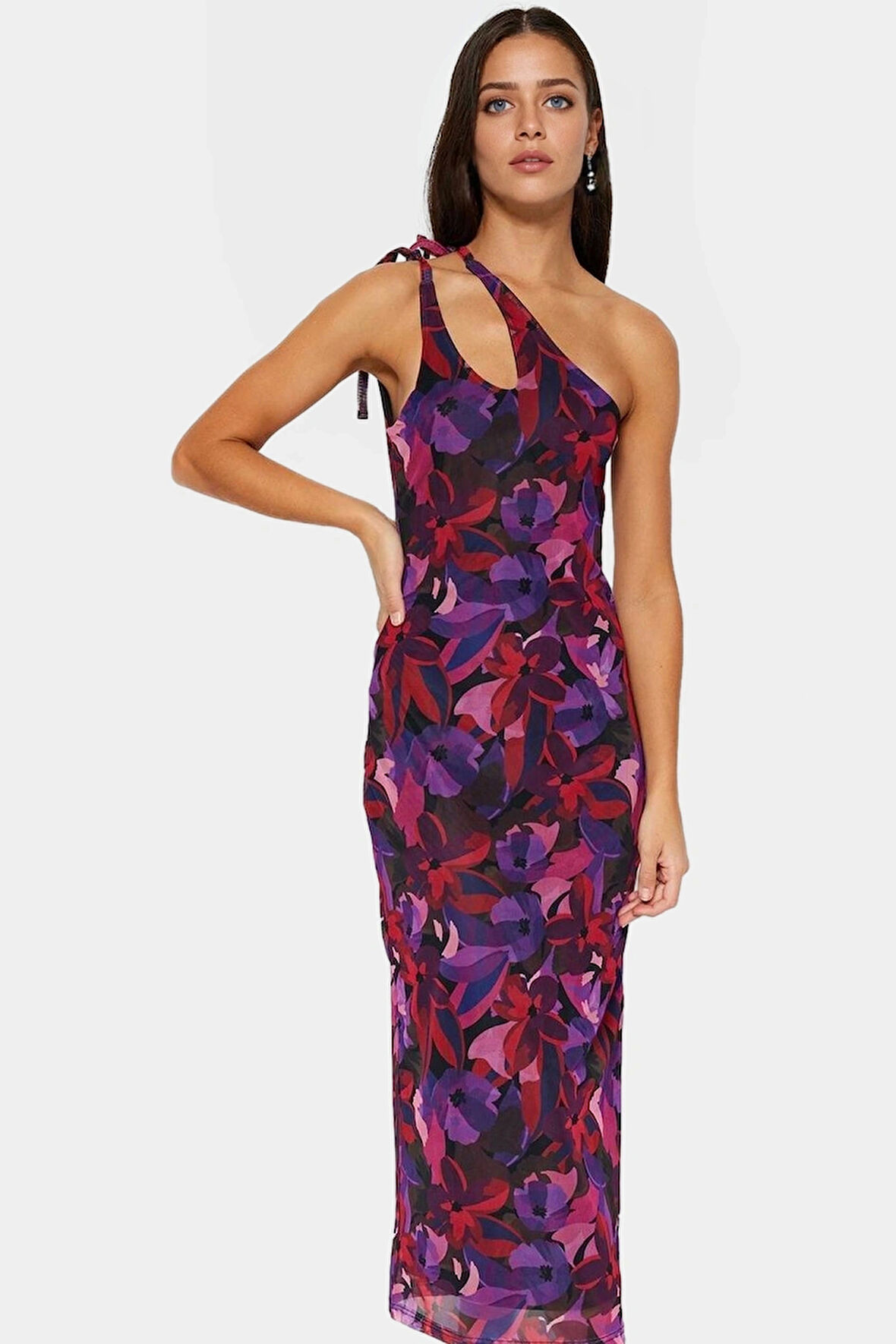 Maxi Elbise Asimetrik Yaka Bodycon Kalıp Örme Kumaş Çok Seçkin Malzeme Özel Tasarım