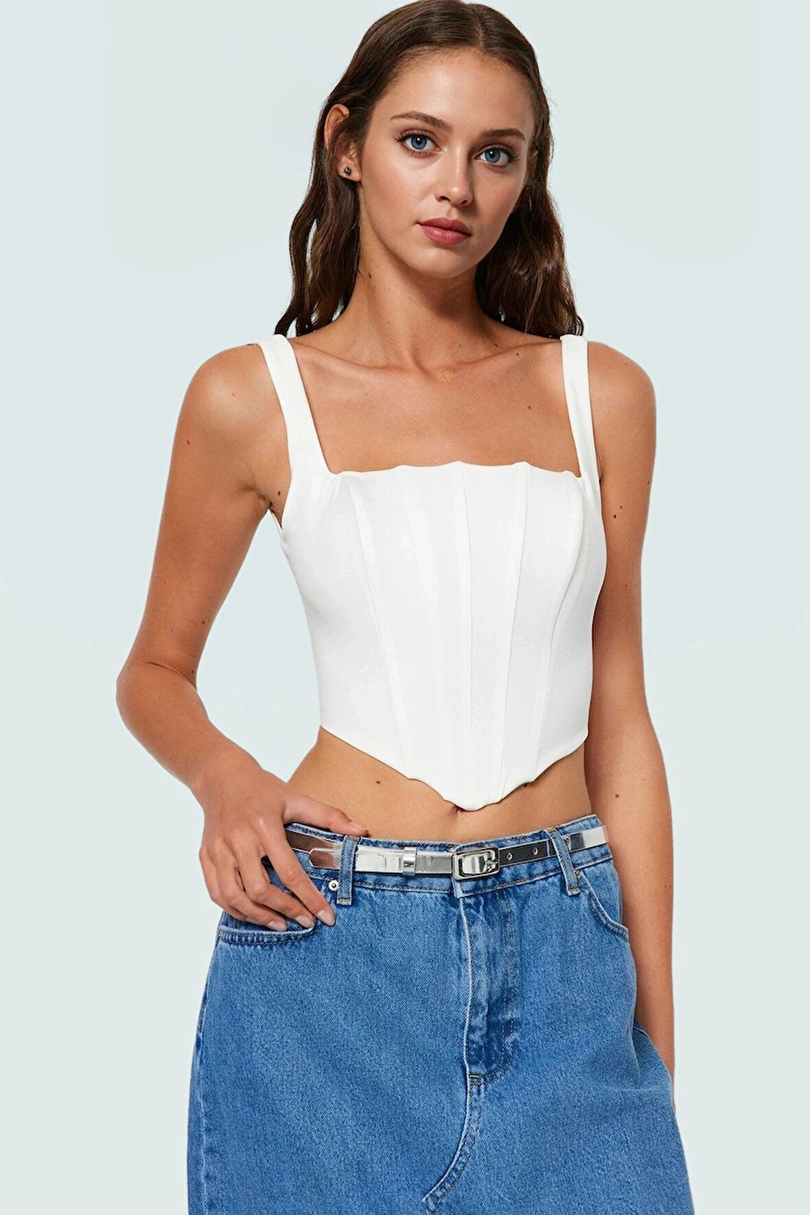 Askılı Korse Crop Bluz Dokuma Polyester Karışımlı Yazlık Şık Görünüm Modern Stil