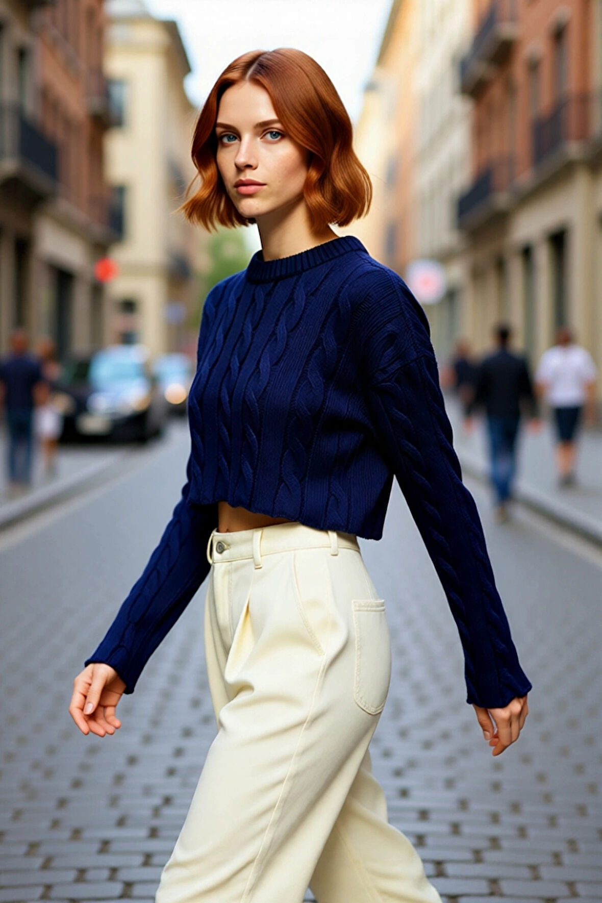 Kadın Ekru Regular Kalıp Süper Crop Saç Örgü Bisiklet Yaka Uzun Kollu Akrilik Triko Kazak Modeli