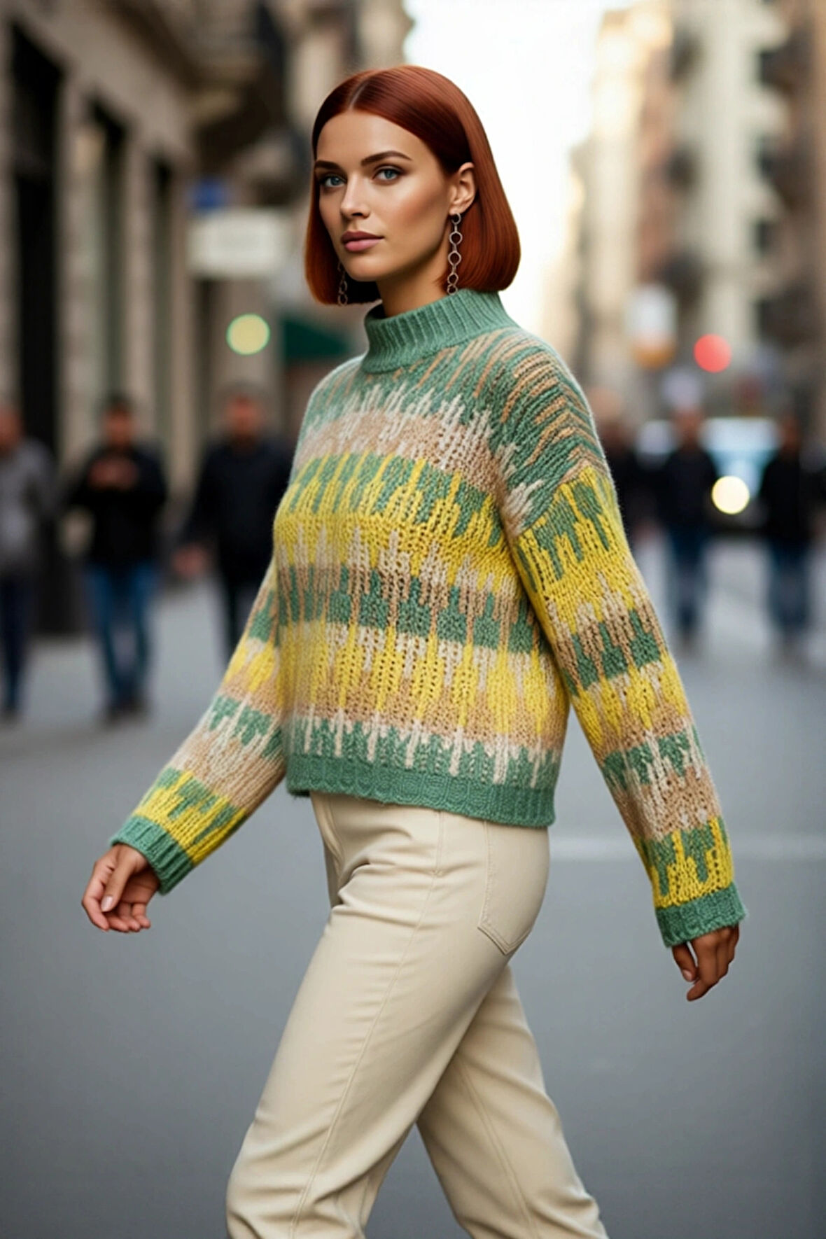 Kadın Etnik Desenli Oversize Dik Yaka Düşük Kol Kalın Crop Triko Kazak Kışlık Günlük Şıklık