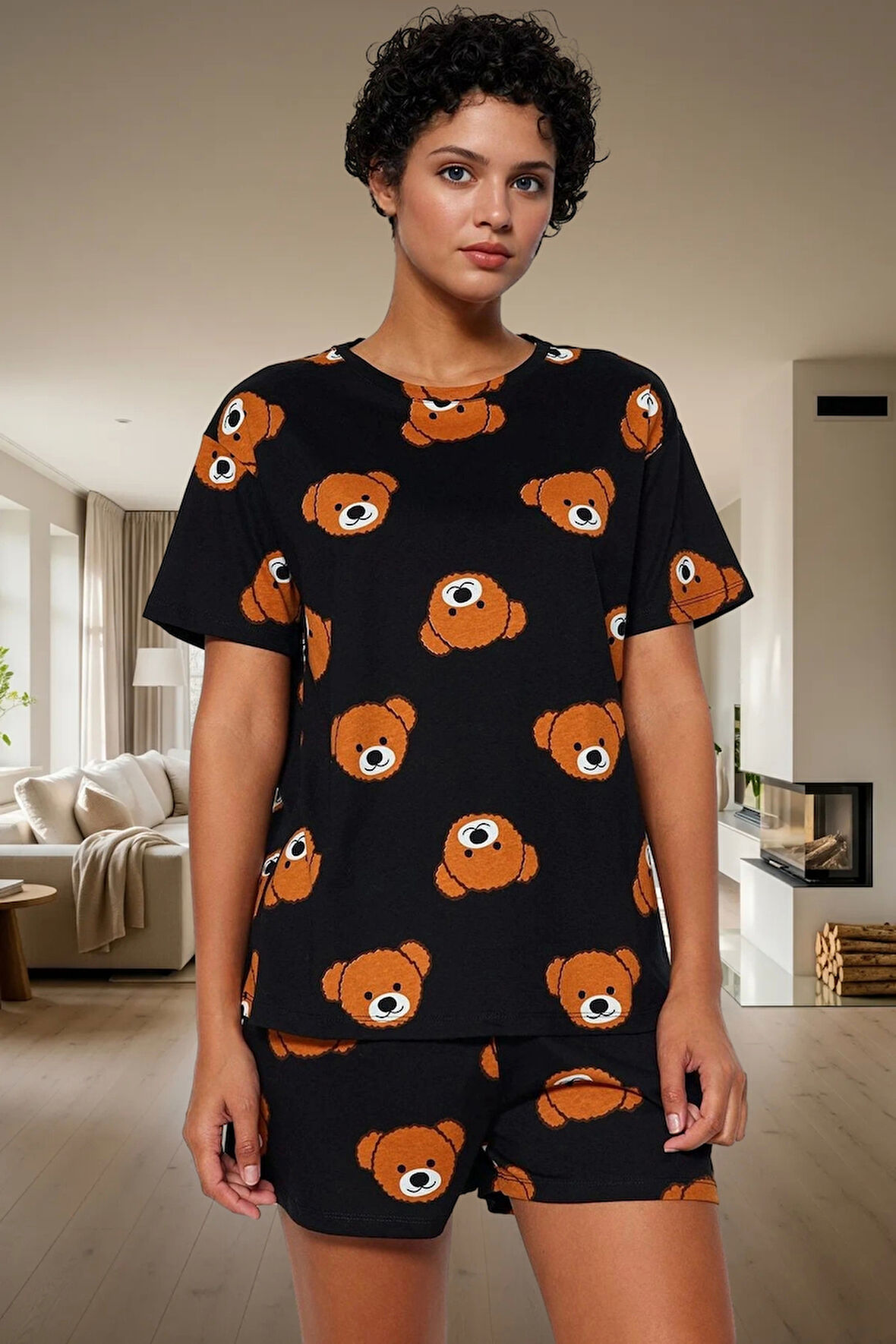 Kadın Ayıcıklı Pamuklu Kısa Kollu Pijama Takımı Dayanıklı Malzeme Trend Tasarım
