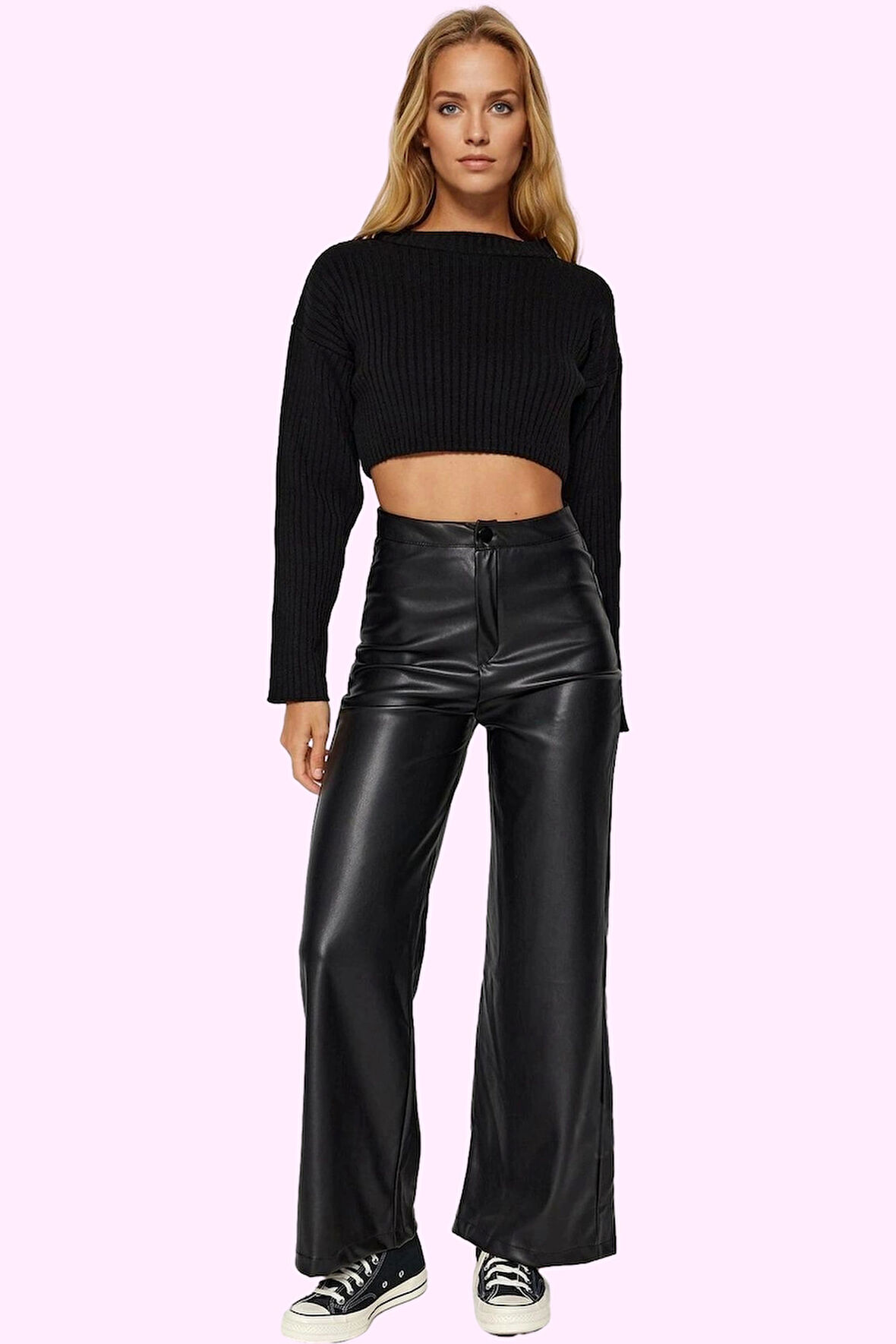 Kadın Geniş Paça Suni Deri Pantolon Yüksek Bel Beli Lastikli Şık Tasarım Dayanıklı Malzeme