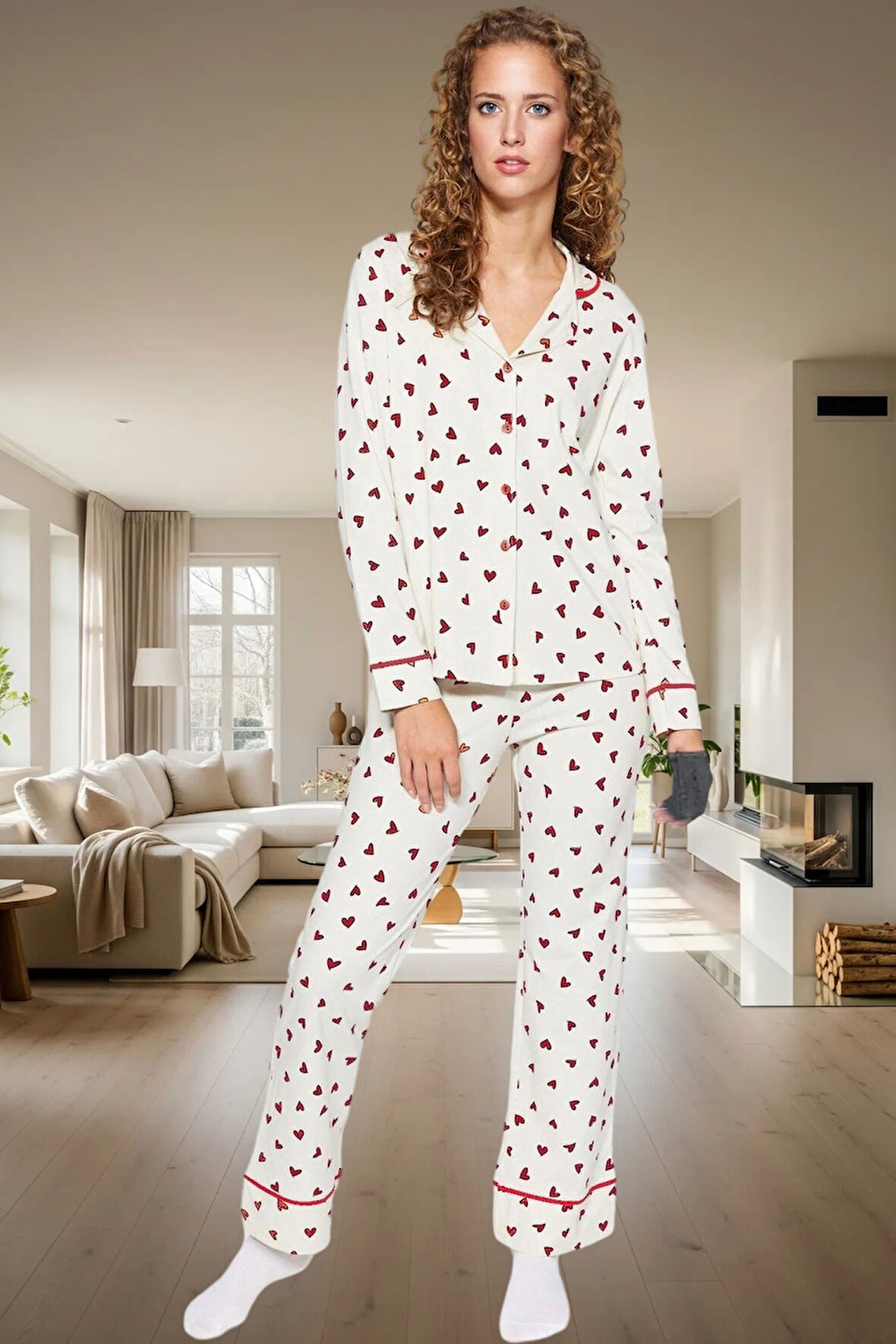 Kadın Kalpli Desenli Pamuklu Pijama Takımı Rahat Ev Giyim Seti Kış Mevsimi Kullanım