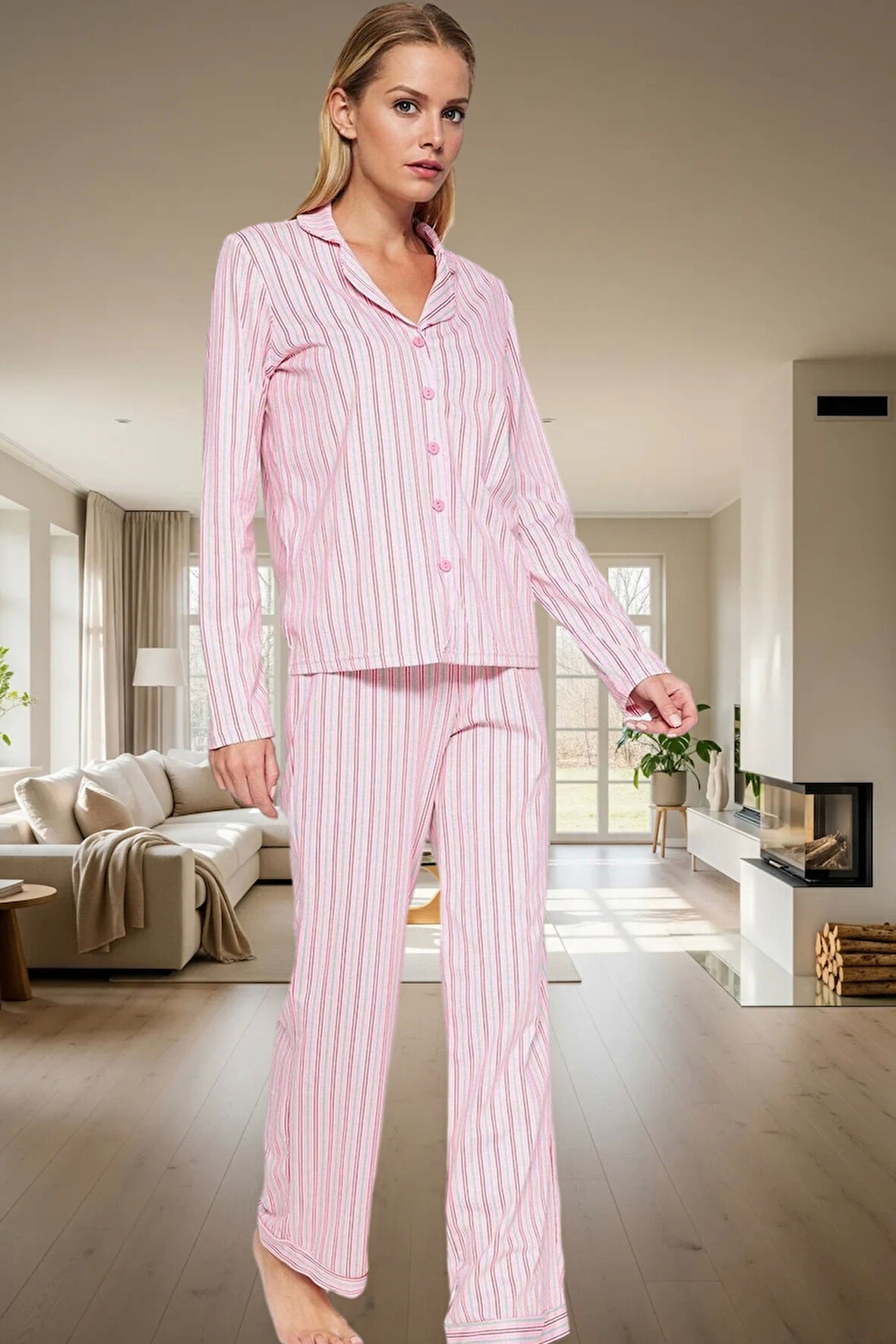 Kadın Pamuklu Çizgili Pijama Takımı Regular Kalıp Uzun Kollu Kışlık Rahat Özenle Seçilmiş