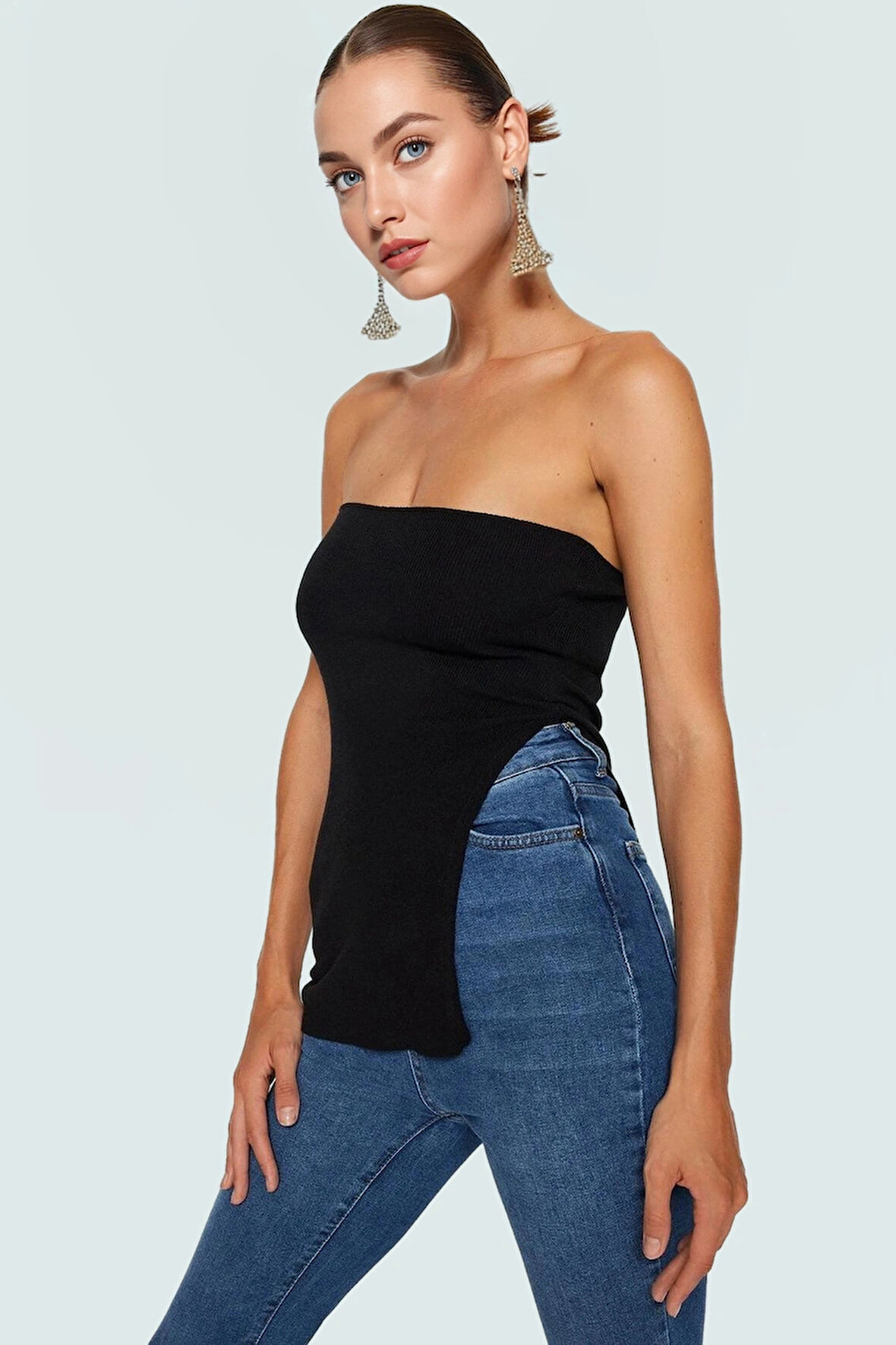 Straplez Triko Bluz Fitted Kalıp Şık Gece Kombinleri İçin Mükemmel Uyum Yüksek Kalite