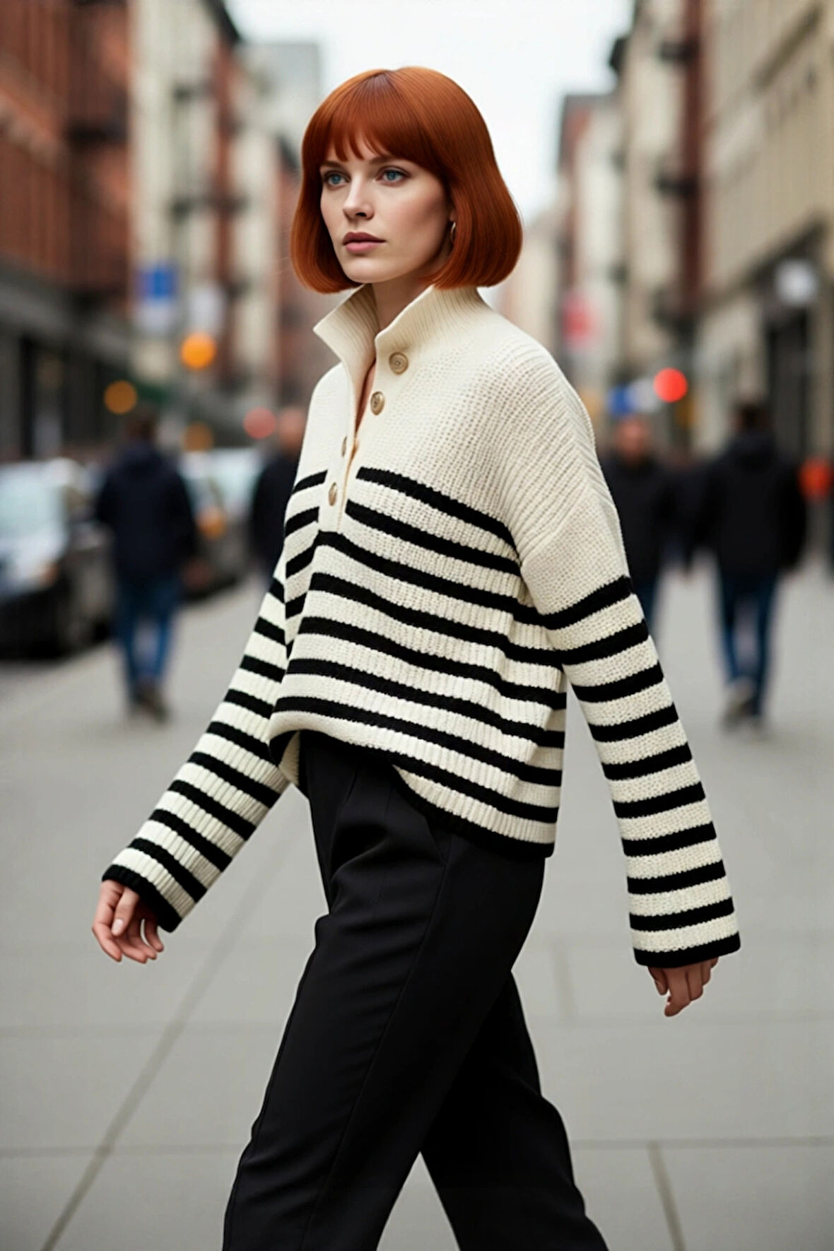 Kadın Oversize Dik Yaka Çizgili Triko Kazak Düşük Kollu Crop Kesim Günlük Şık Kış Stili Kaliteli