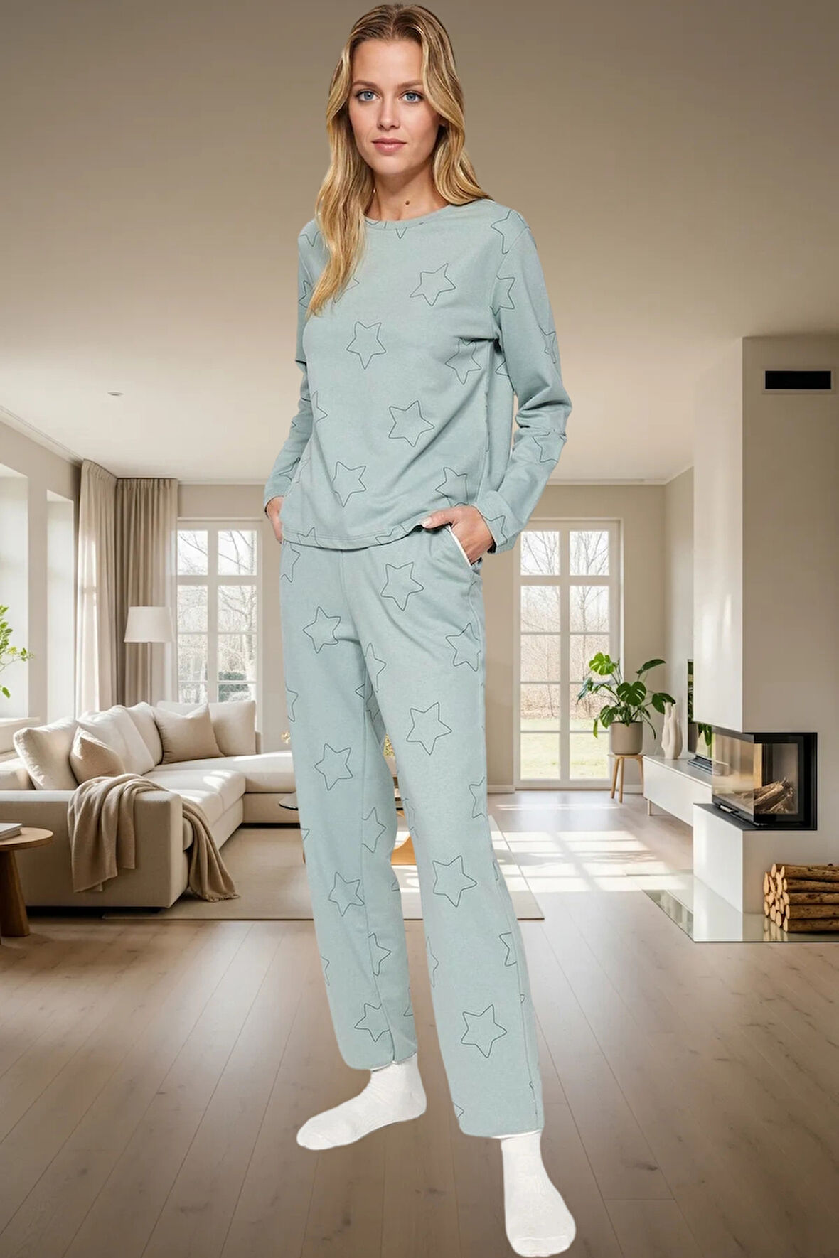 Kadın Yıldız Desenli Pamuklu Pijama Takımı Rahat Ev Giyim Seti Seçkin Malzeme Özenle Seçilmiş