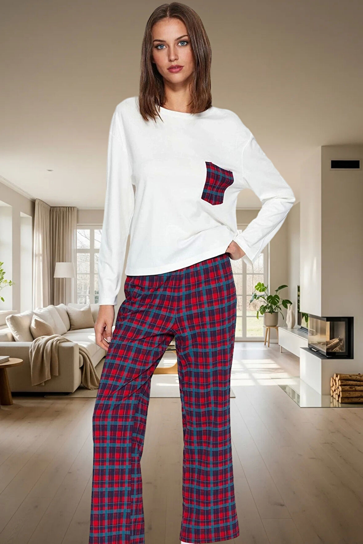 Kadın Pamuklu Ekoseli Pijama Takımı Rahat Ev Giyim Seçkin Malzeme Dayanıklı