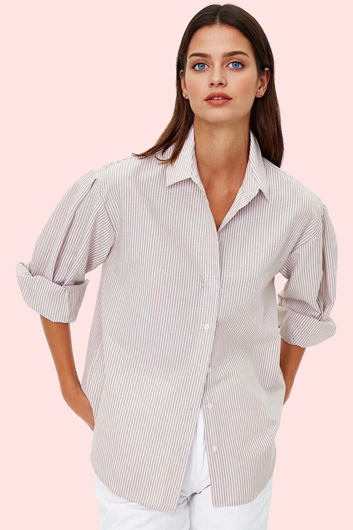 Kadın Oversize Çizgili Dokuma Gömlek Pamuklu Günlük Kombinler İçin Yaz Aylarının Vazgeçilmezi