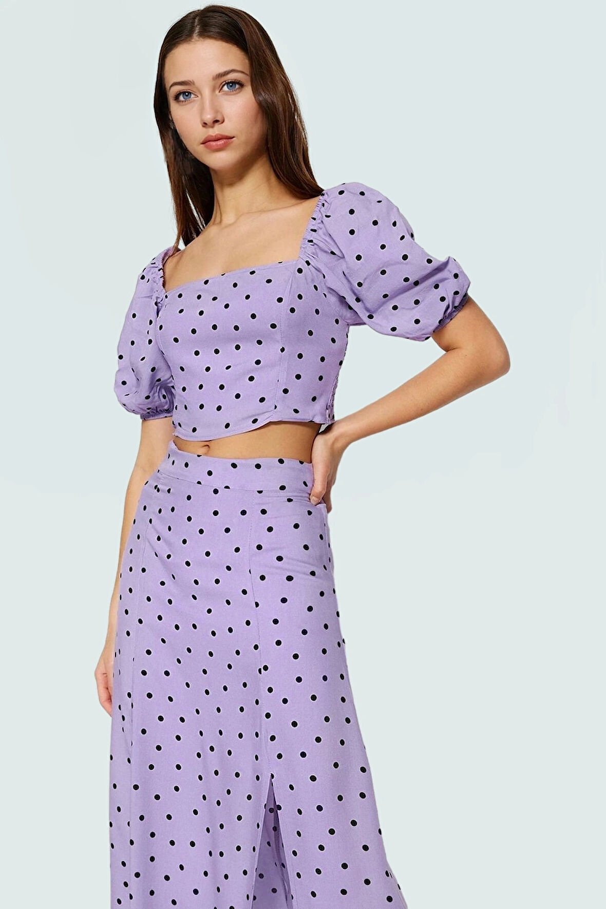 Şık Puantiyeli Viskoz Bluz Etek Takım Fitted Kalıp Yazlık Trend Tasarım Dayanıklı Malzeme