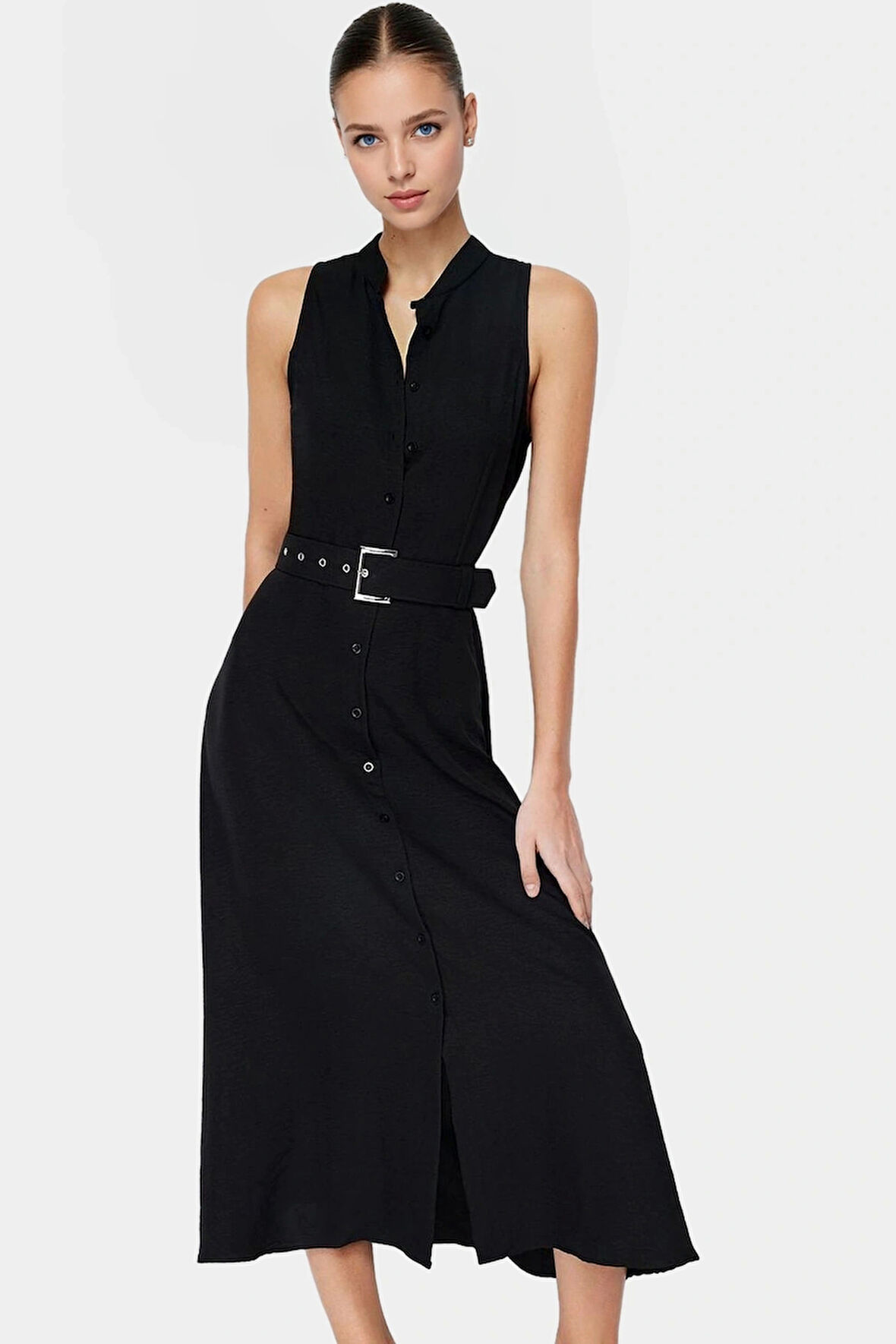 Maxi Kemerli Gömlek Elbise Dokuma Polyester Yazlık Şık Tasarım Seçkin Malzeme Trend