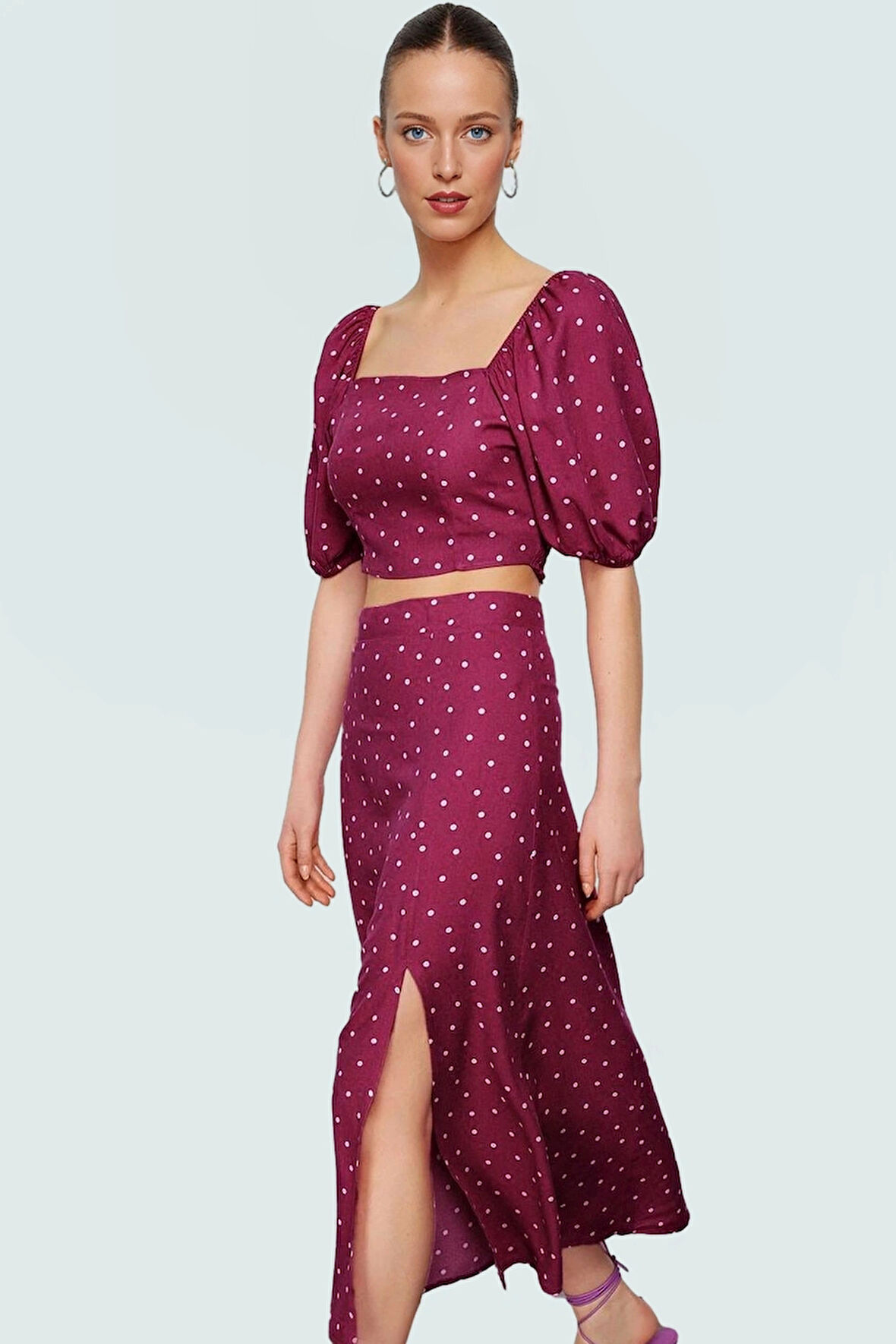 Şık Puantiyeli Viskoz Bluz Etek Takım Fitted Kalıp Yazlık Trend Tasarım Dayanıklı Malzeme