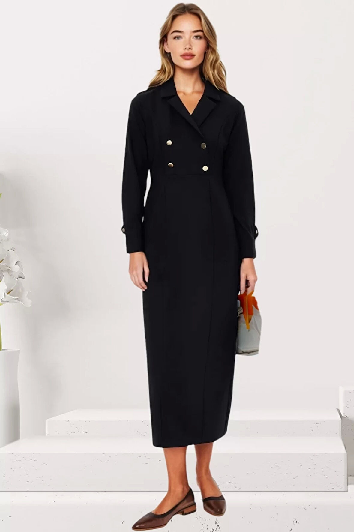 Regular Günlük Finike Dokuma Ceket Yaka Truvakar Kol Kruvaze Maxi Boy Tesettür Elbise