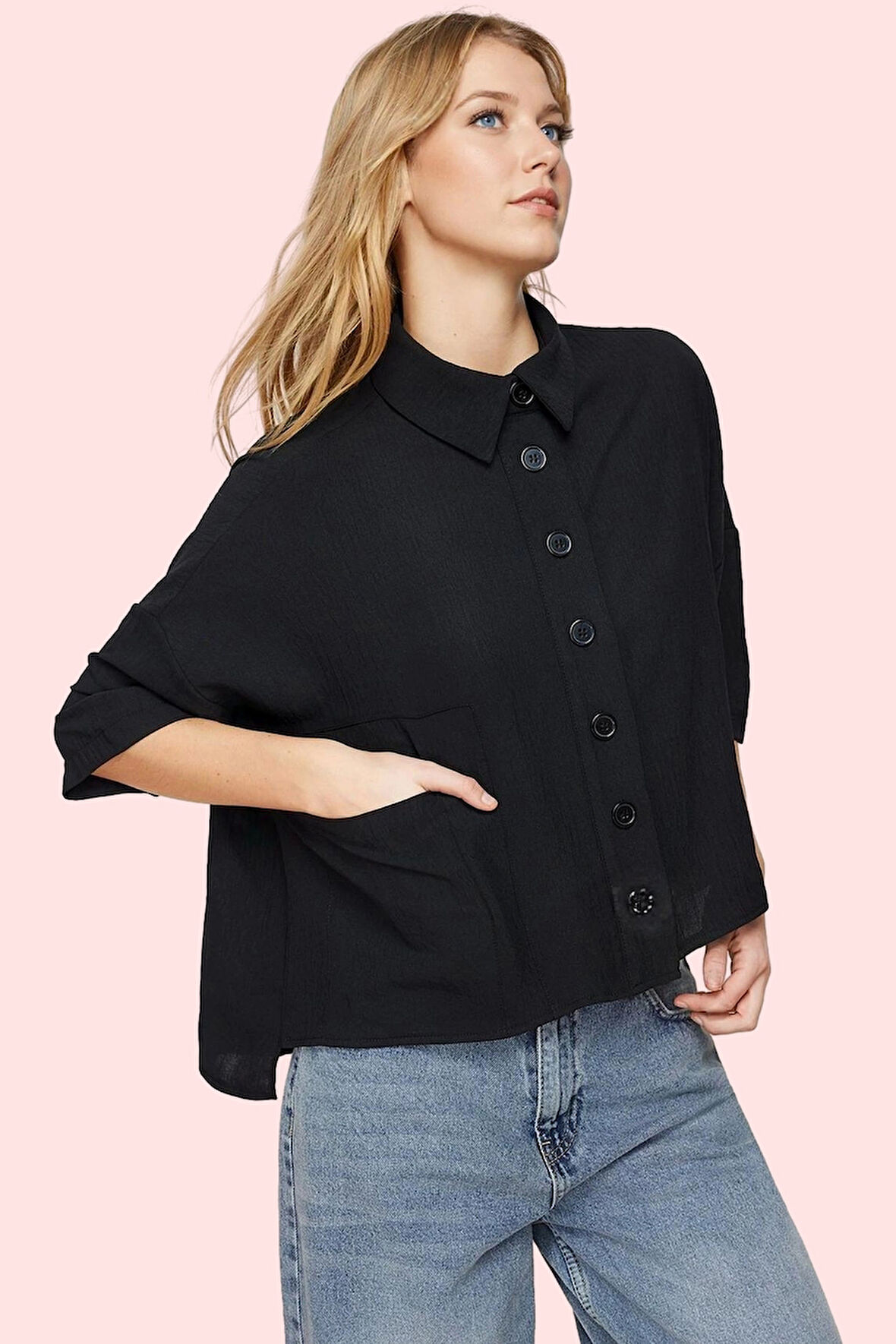 Kadın Oversize Geniş Kalıp Kısa Kollu Dokuma Gömlek Günlük Kullanım İçin Dayanıklı Malzeme