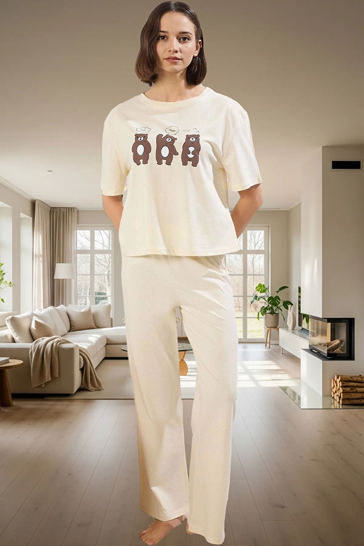 Kadın Pamuklu Rahat Baskılı Pijama Takımı Kısa Kollu Tişört Pantolon Kullanım Ve Şık