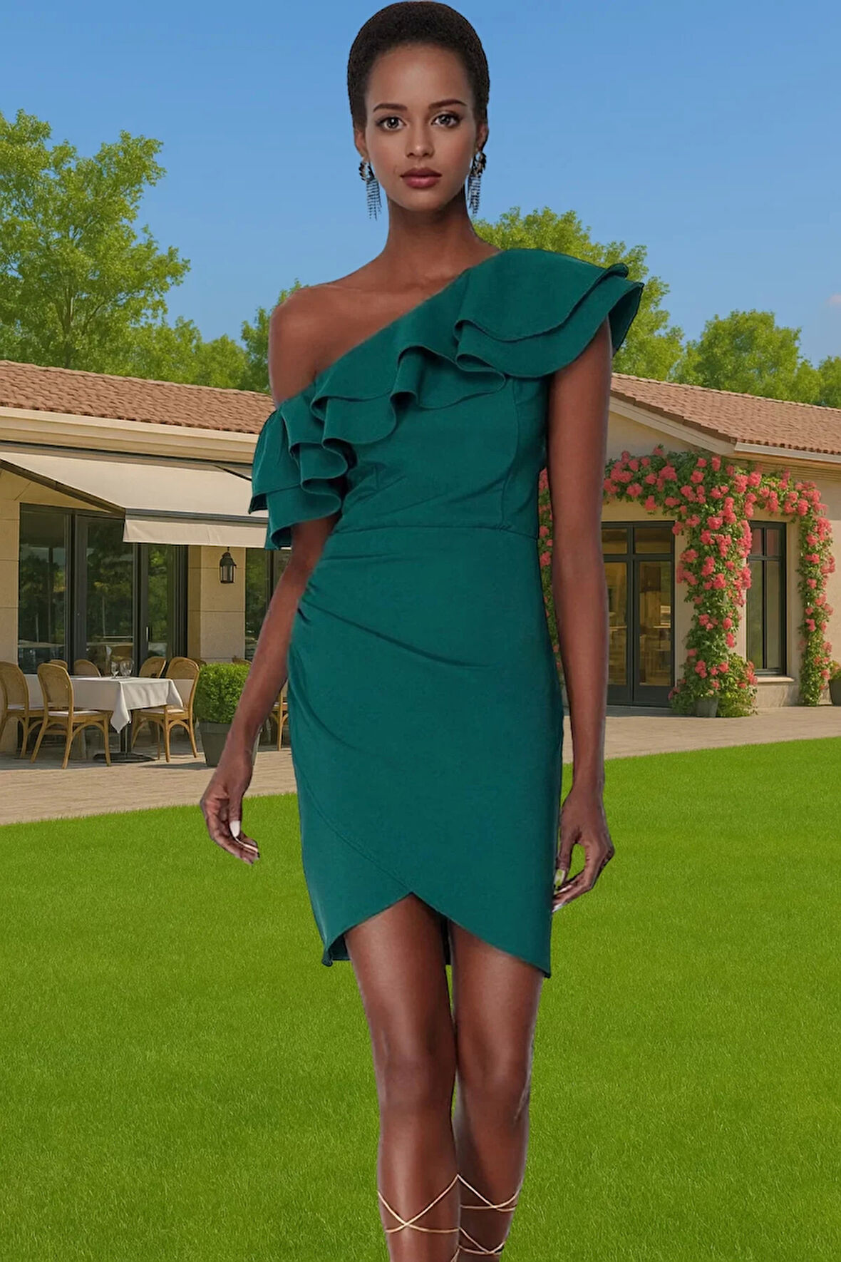 Tek Omuz Volan Detaylı Mini Elbise Dokuma Kumaş Özel Günler İçin Modern Stil Mükemmel Uyum