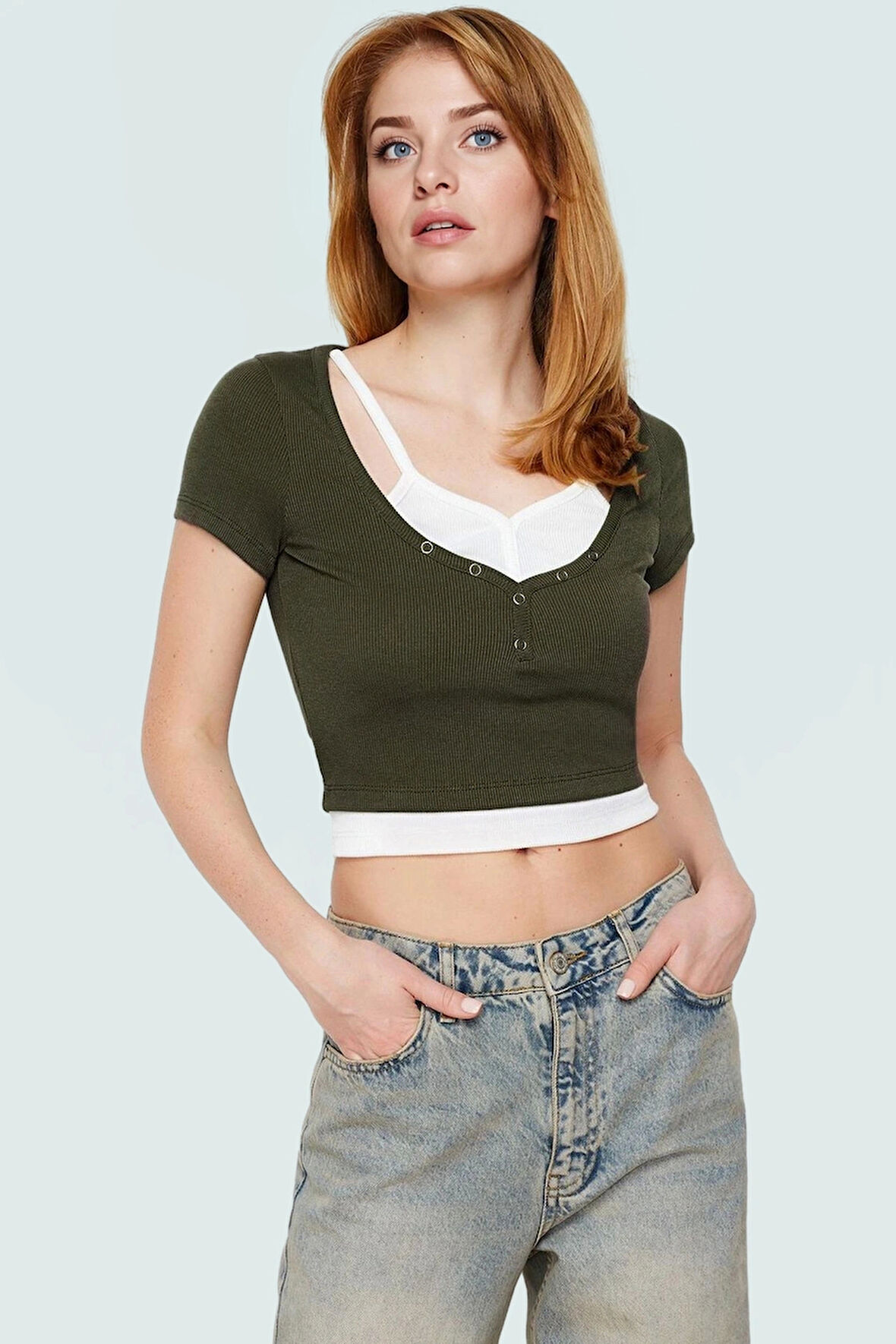 Fitted Vücudu Saran Kısa Bluz Kaşkorse Örme Polyester Yazlık Seçkin Malzeme Yüksek Kalite