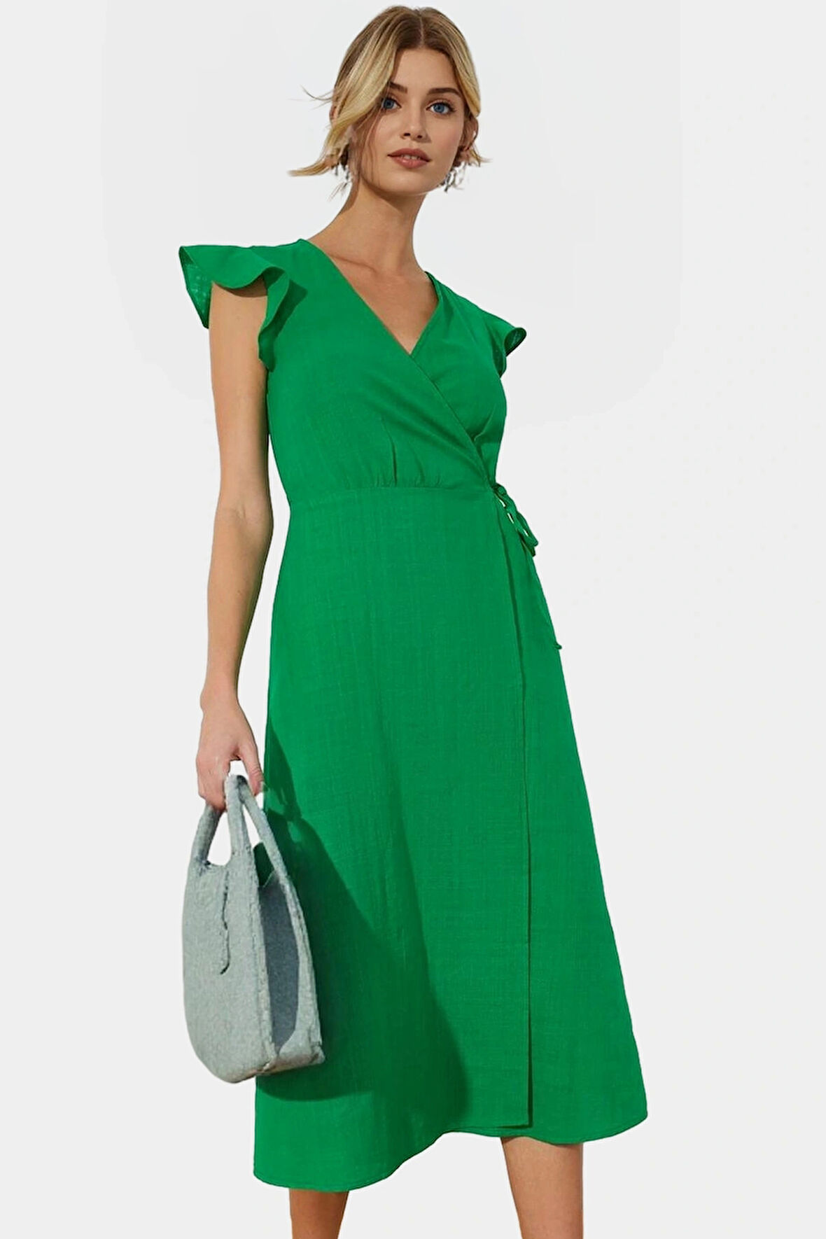 Yazlık Keten Görünümlü Midi Elbise Kruvaze V Yaka Kısa Kollu Tasarım Yüksek Kalite Dayanıklı Malzeme