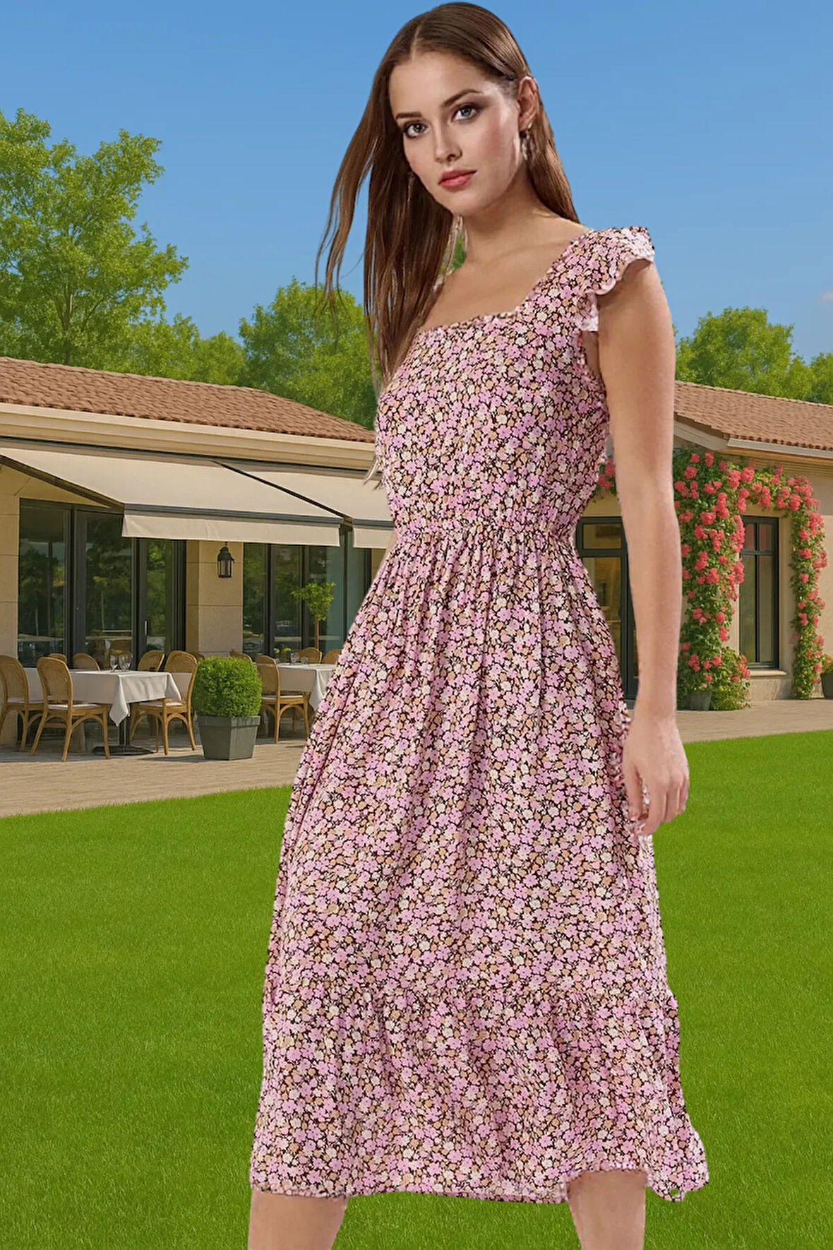 Çiçek Desenli A Kesim Midi Viskoz Elbise Büzgülü Kolsuz Yazlık Dayanıklı Malzeme Profesyonel Görünüm