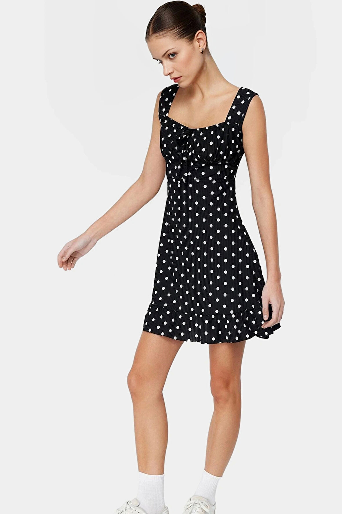 Kadın Mini A Line Kare Yaka Çiçekli Örme Elbise Yazlık Rahat Kombin Dayanıklı Malzeme Premium Kalite