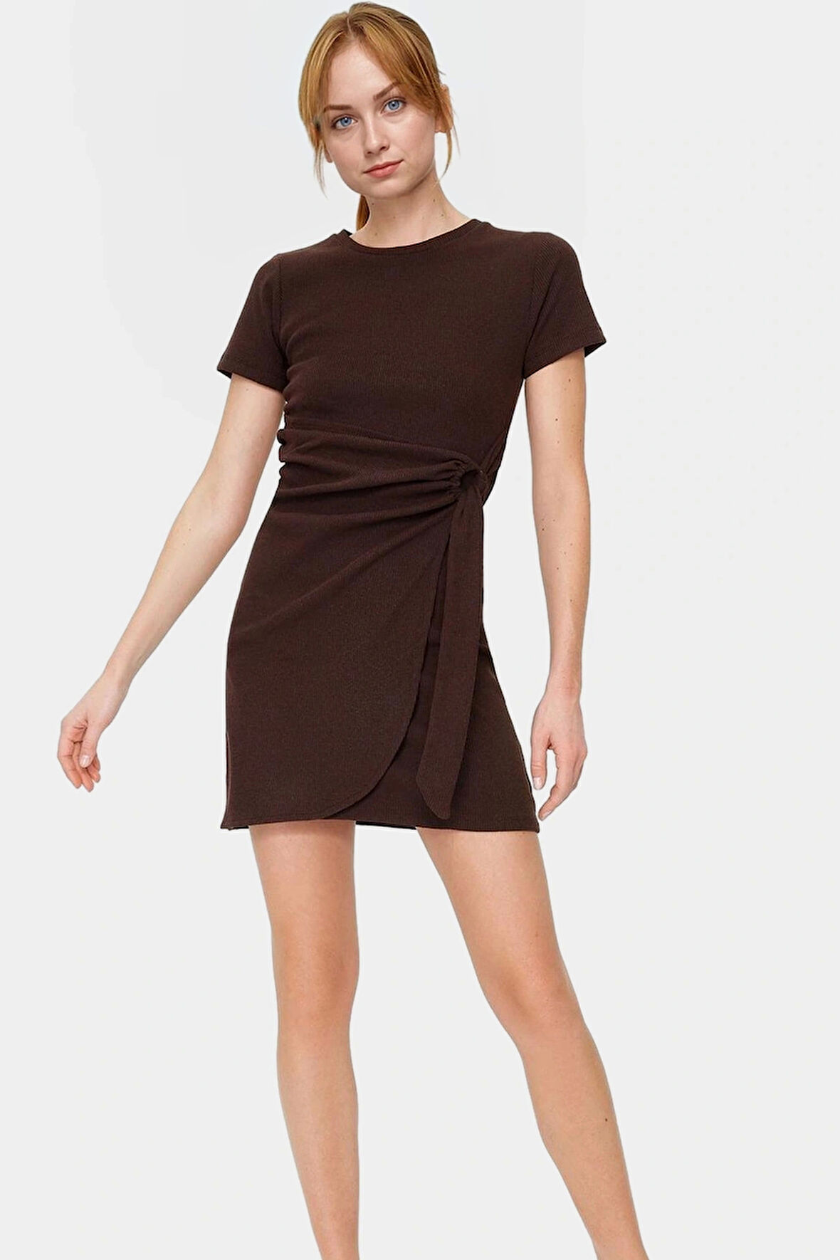 Kadın Mini Bağlama Detaylı Bisiklet Yaka Örme Elbise Profesyonel Görünüm Günlük Kullanım İçin