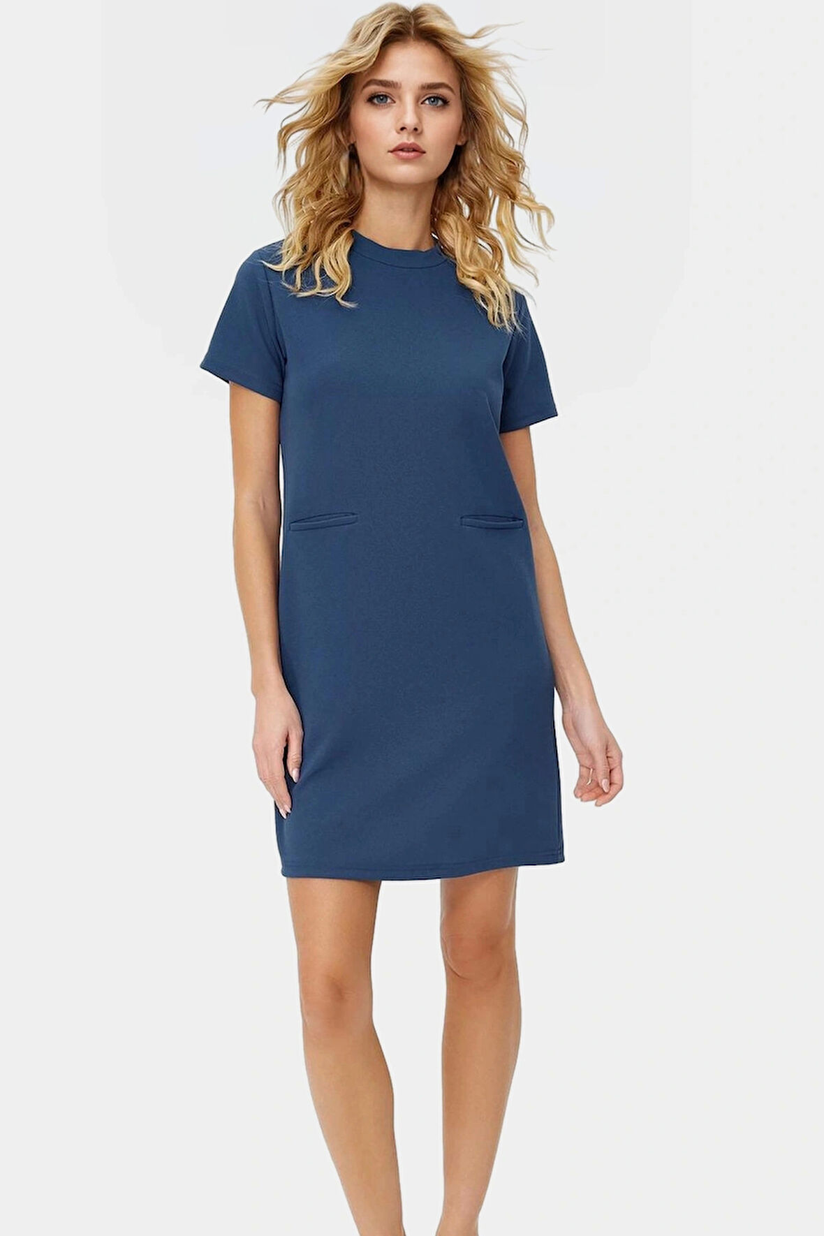 Kadın Mini Krep Elbise Cep Detaylı Şık Shift Kalıp Günlük Uzun Ömürlü Premium Kalite