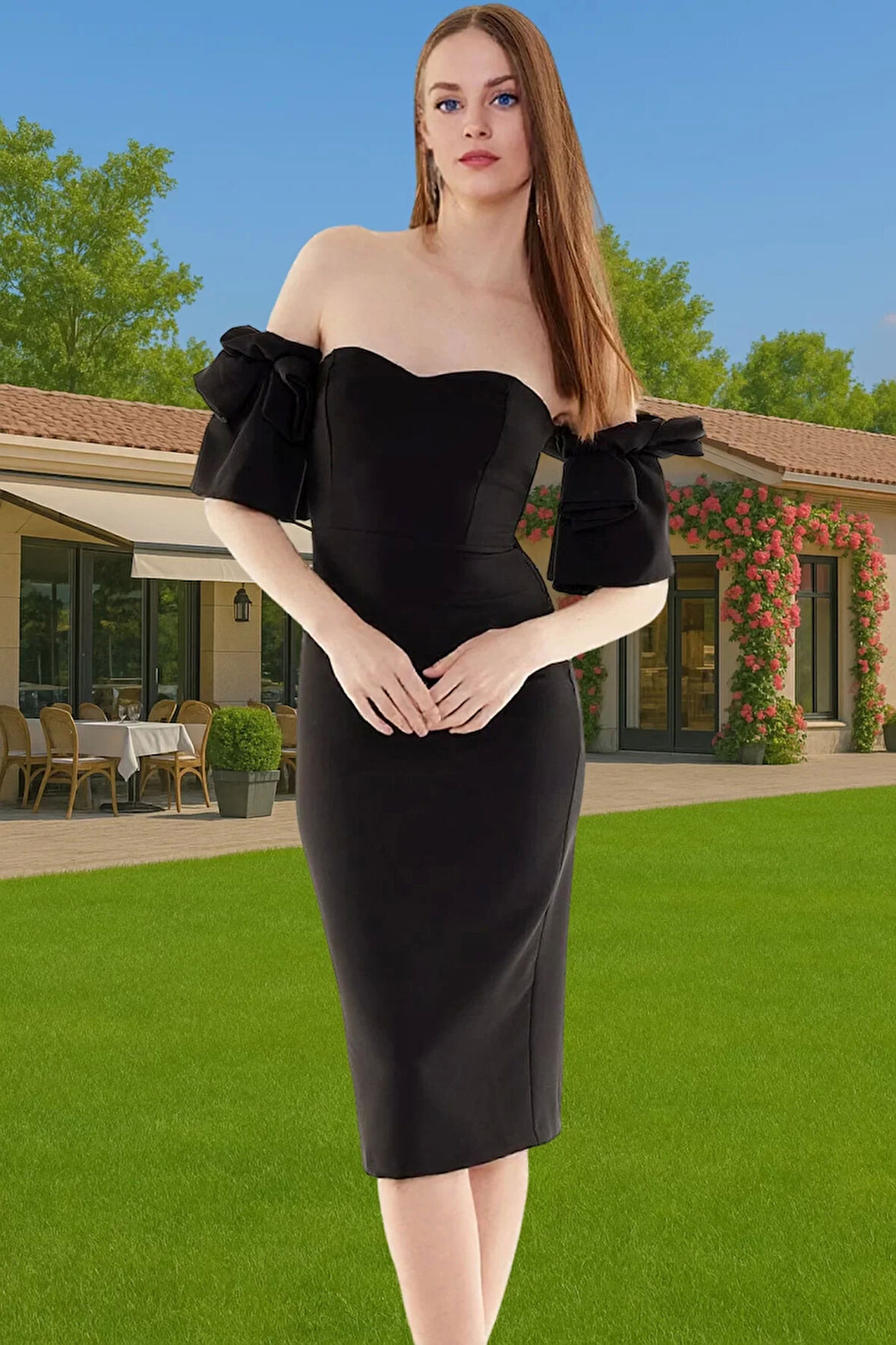 Şık Midi Boy Bodycon Abiye Elbise Polyester Karışımlı Yazlık Kokteyl Özel Tasarım Uzun Ömürlü