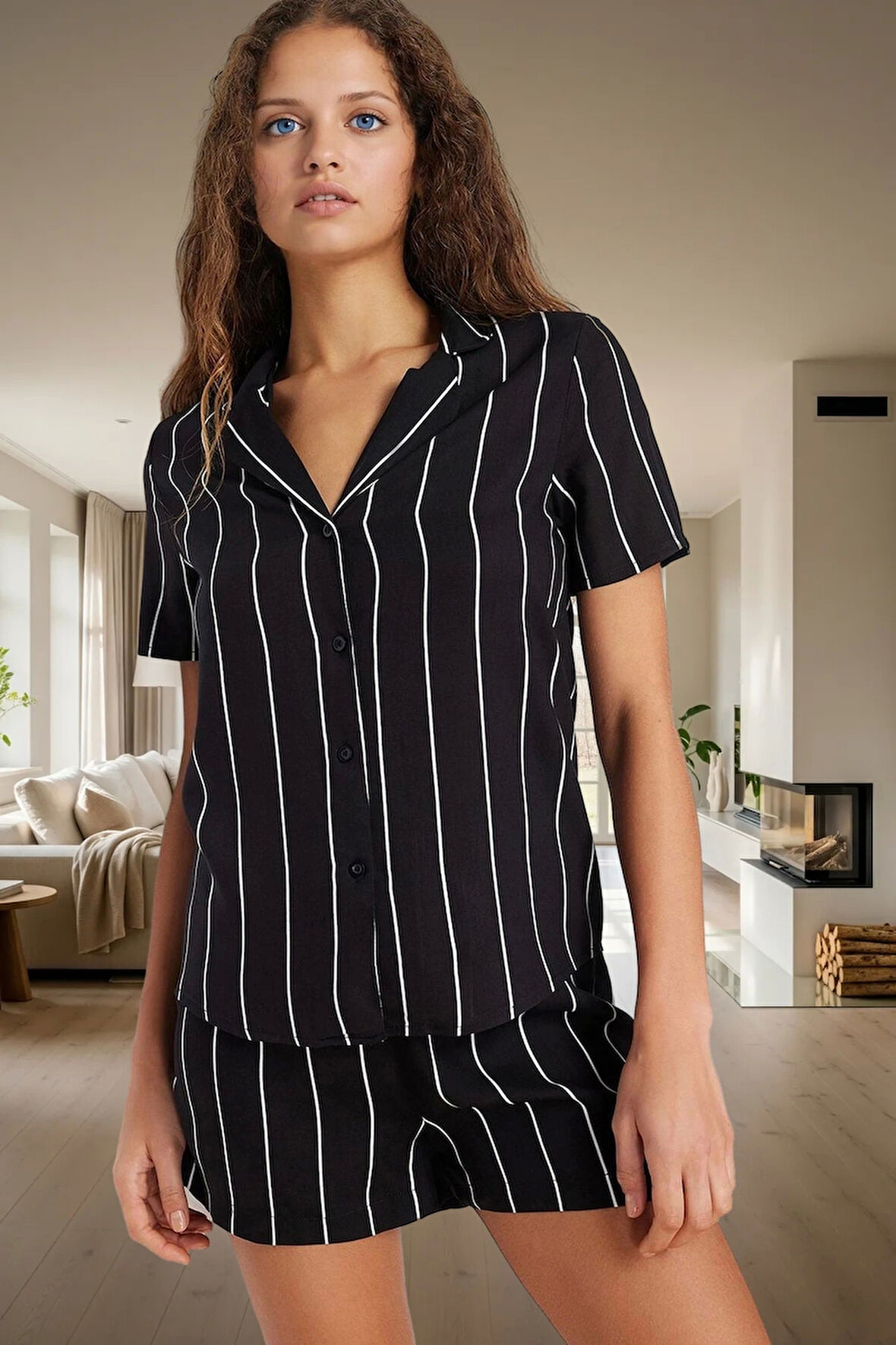 Kadın Çizgili Viskon Kısa Kollu Pijama Takımı Konforlu Kesim Özel Tasarım Rahat Kullanım