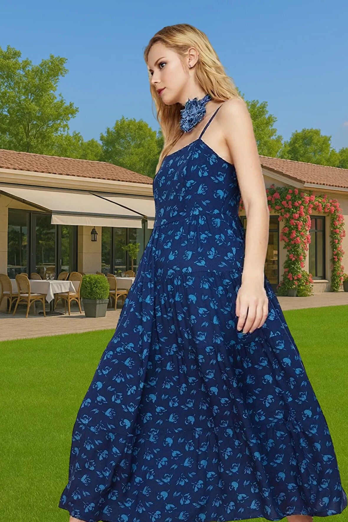 Yazlık Çiçek Desenli A Kesim Midi Viskoz Elbise Rahat Günlük Stil Günlük Kullanım İçin