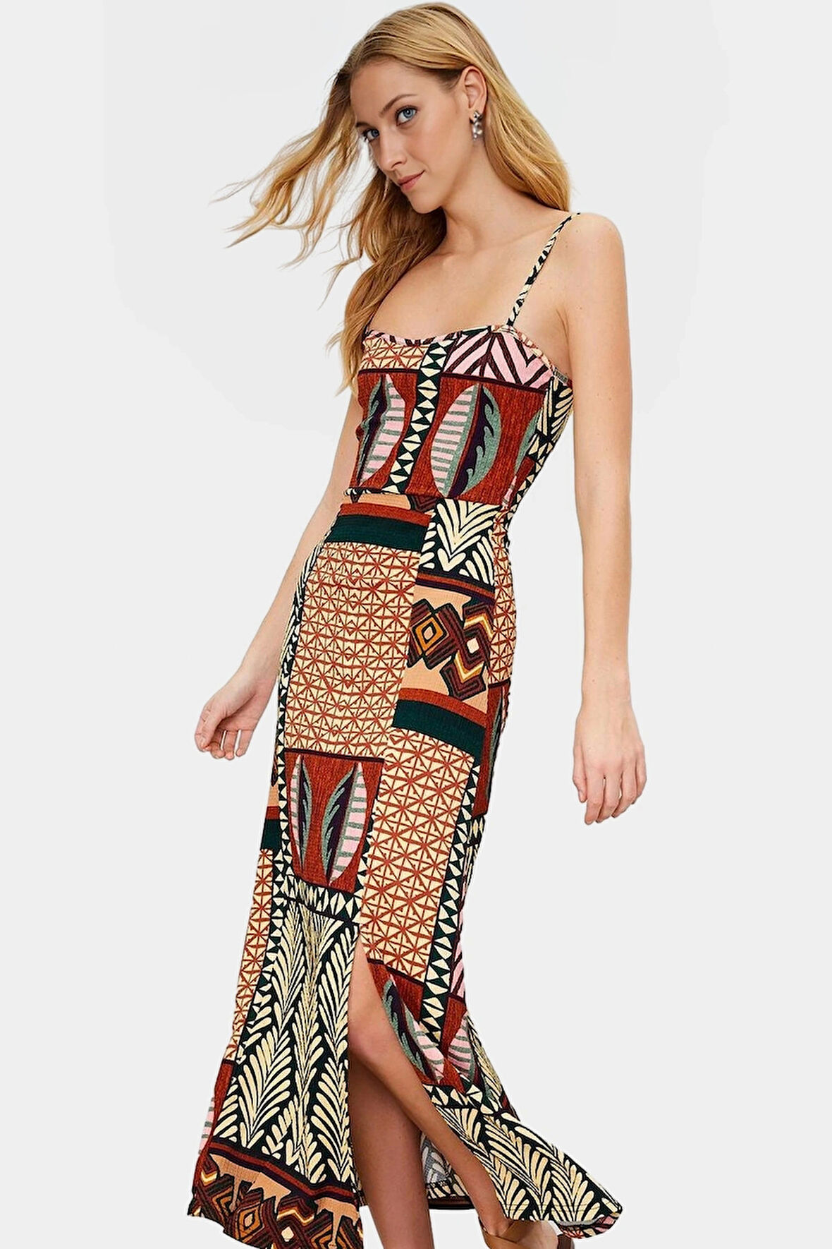 Şık Etnik Desenli Midi A Line Örme Elbise Rahat Yazlık Günlük Kombin Mükemmel Uyum Modern Stil